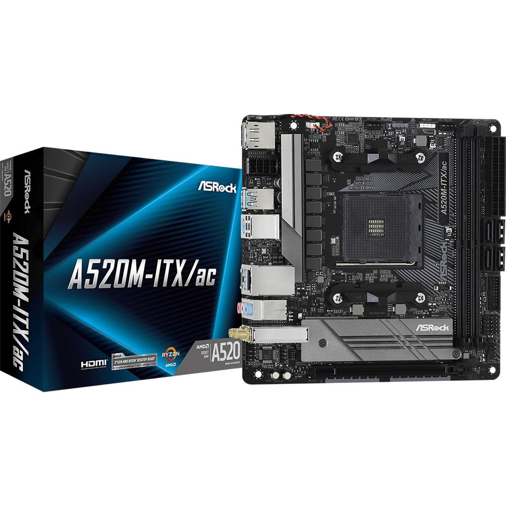 Płyta główna ASRock A520M-ITX/ac i opakowanie.