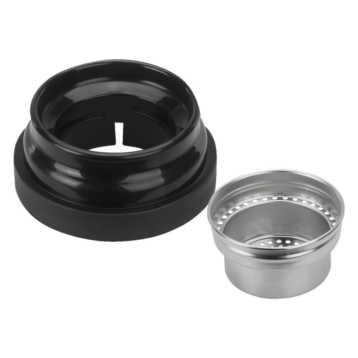 Czarny plastikowy i srebrny metalowy cylinder z otworami wentylacyjnymi.