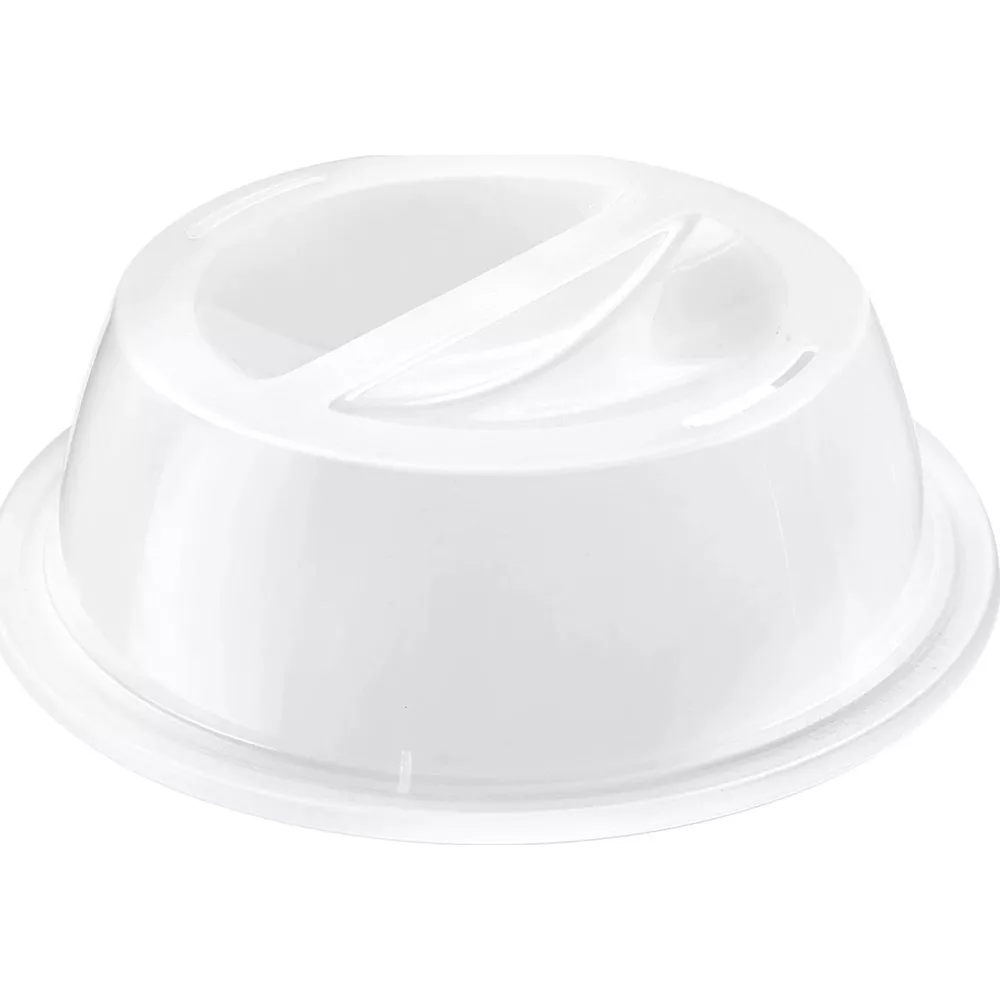 Ein weißer, runder Plastikdeckel mit Griffmulde, auf einem Tisch.