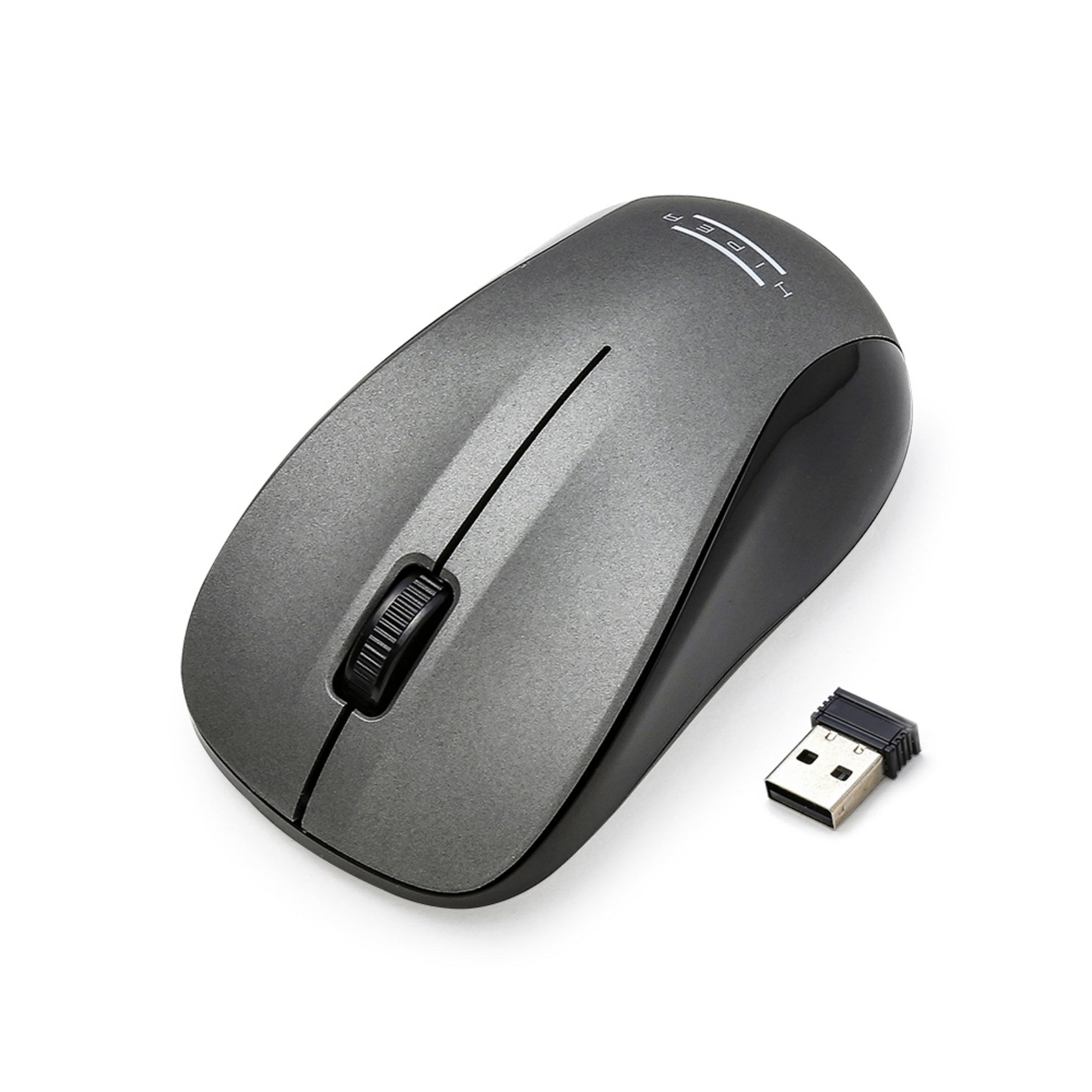 Siyah kaydırma tekerleği ve USB alıcısı olan gri kablosuz bilgisayar faresi.