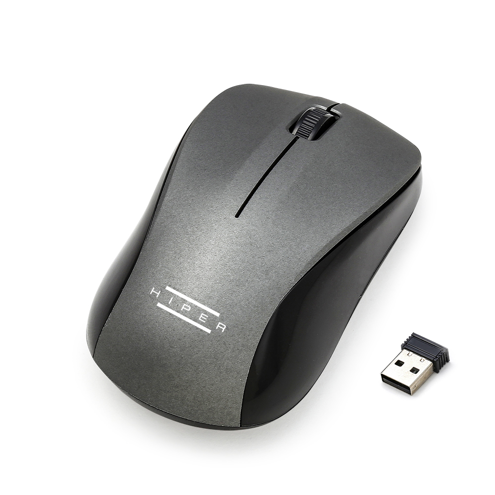 Gri kablosuz fare ve USB alıcısı beyaz arka planda.