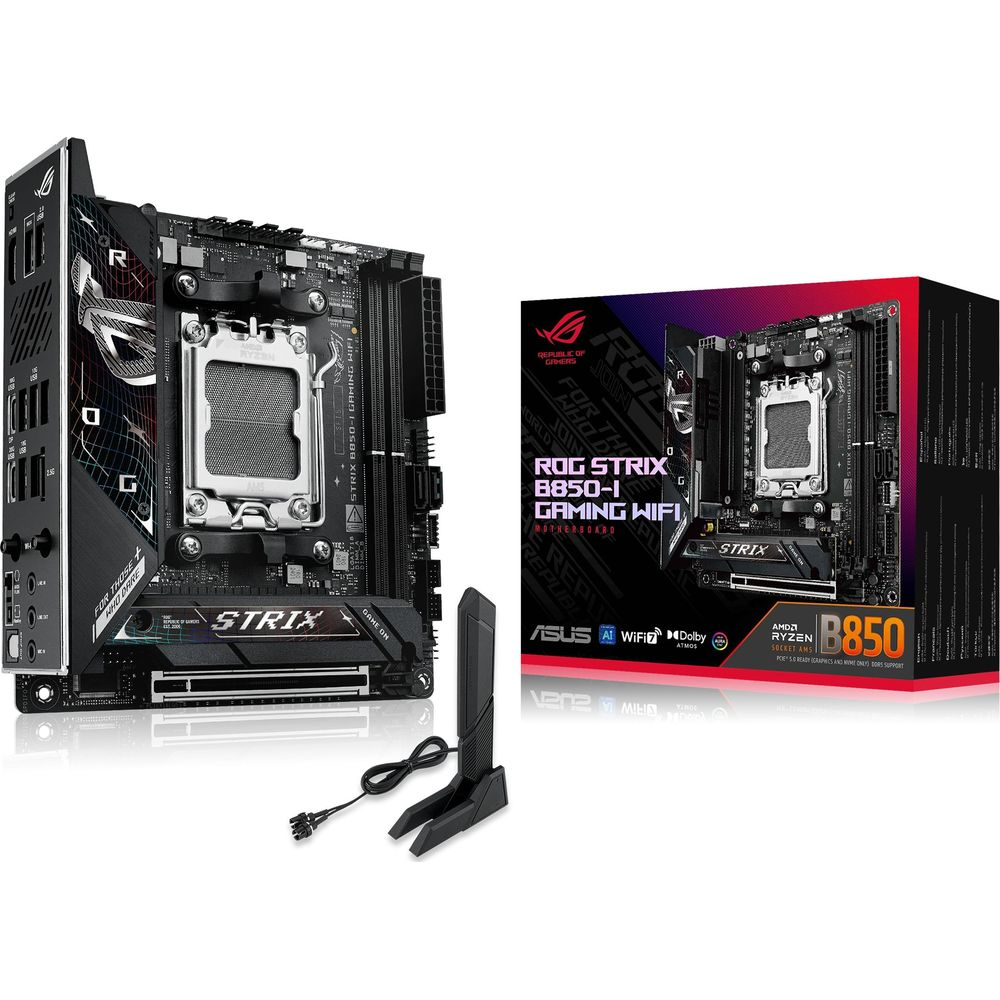 Płyta główna ROG Strix B850-I Gaming WiFi z pudełkiem i akcesoriami.