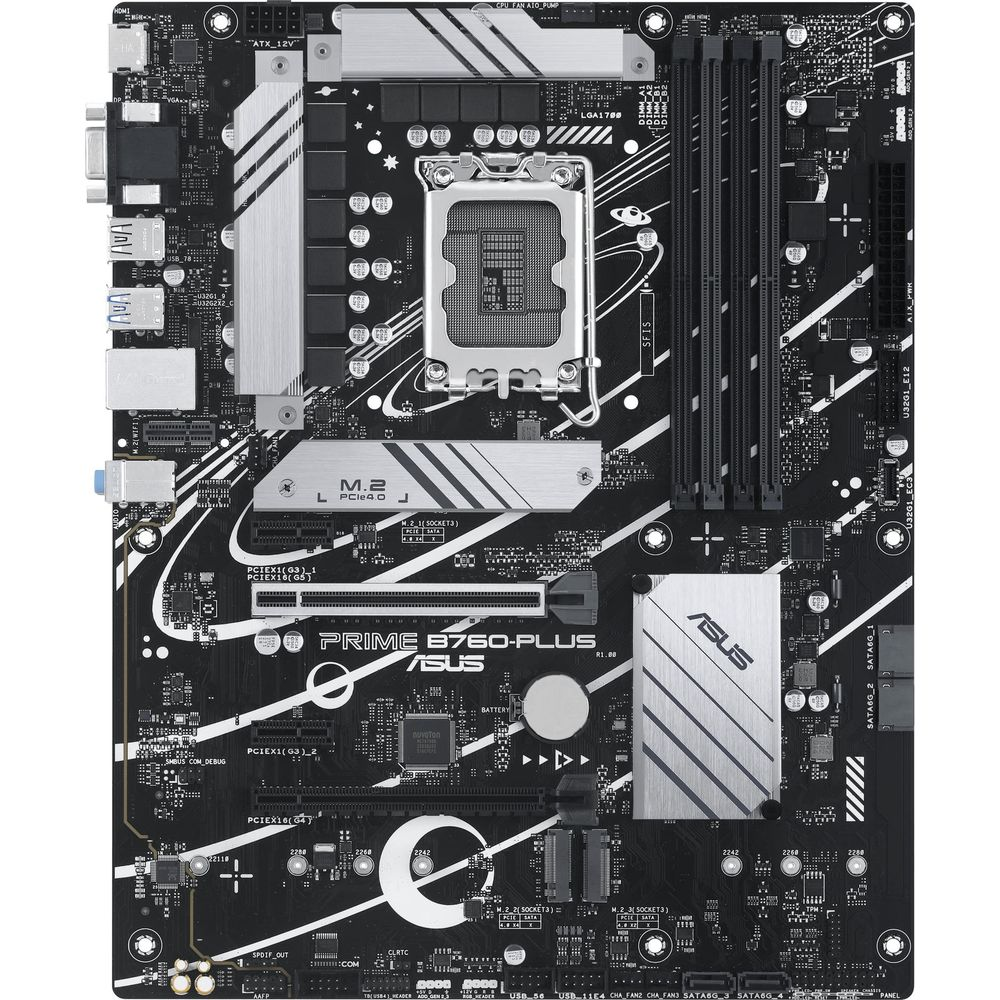 Płyta główna ASUS PRIME B760-PLUS z gniazdem LGA1700, slotami M.2 i slotami PCIe.
