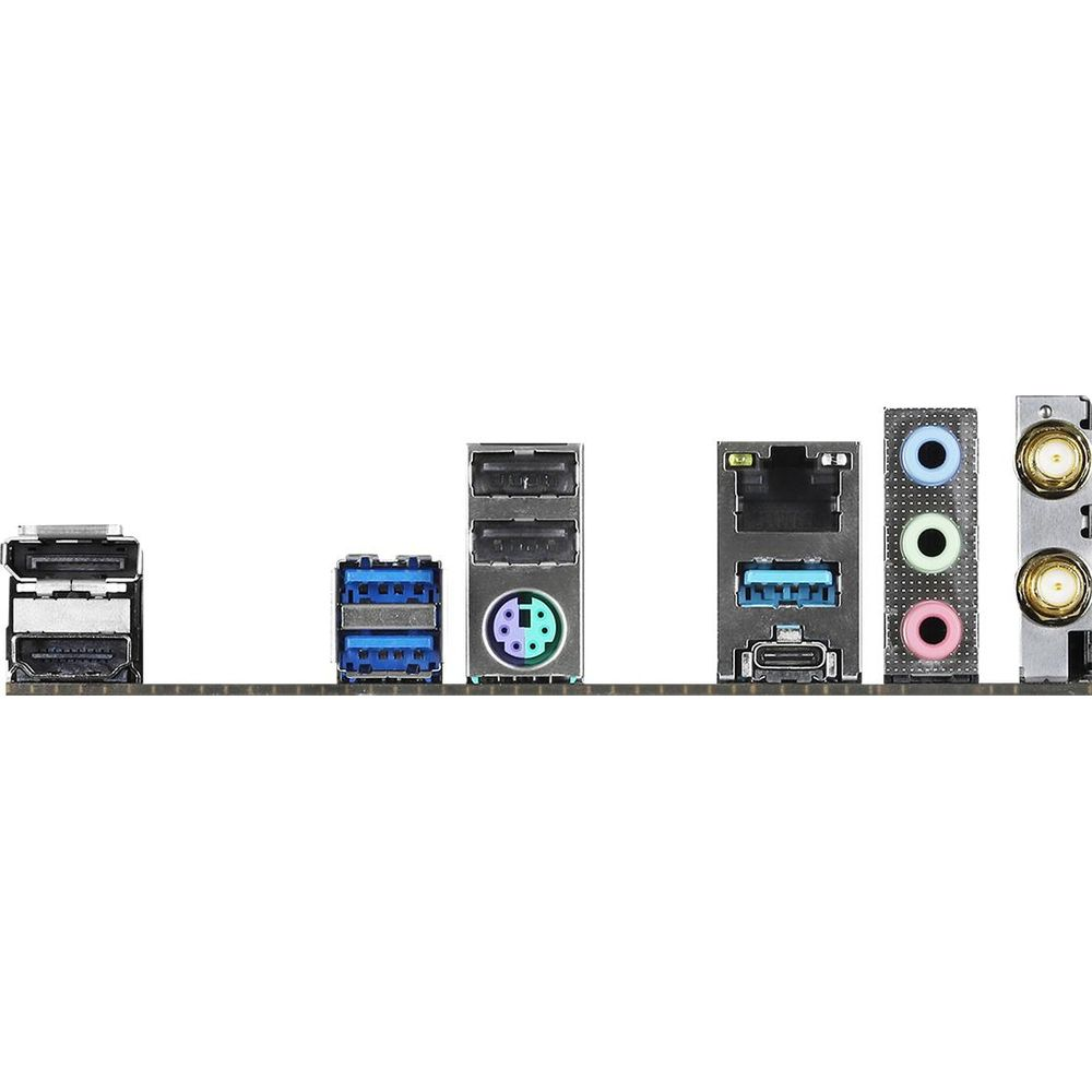 Tylny panel I/O płyty głównej z portami USB, audio i sieciowymi.