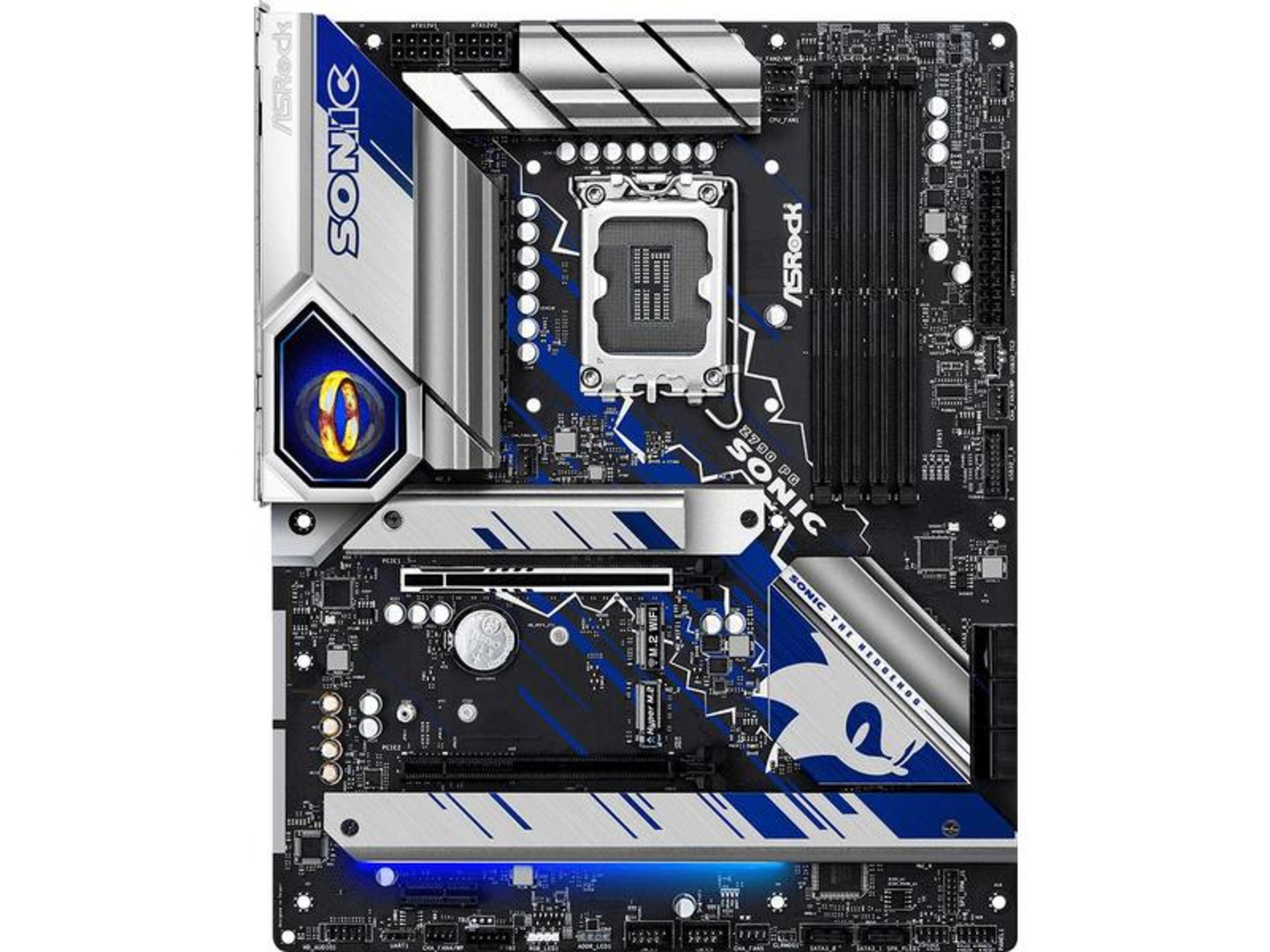 Płyta główna ASRock Sonic z niebiesko-srebrnym wzorem, gniazdem CPU i slotami RAM.