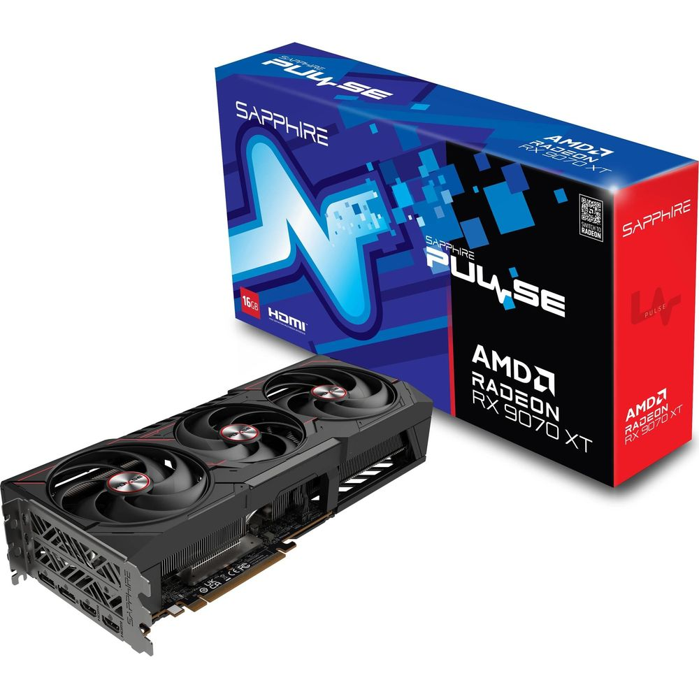Czarna karta graficzna Sapphire Pulse AMD Radeon RX 9070 XT i jej pudełko.