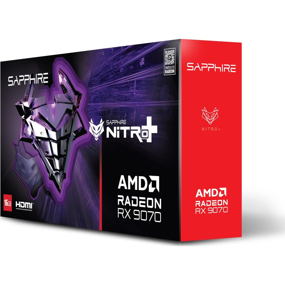 Pudełko karty graficznej Sapphire Nitro+ AMD Radeon RX 9070 w kolorze fioletowym i czerwonym.