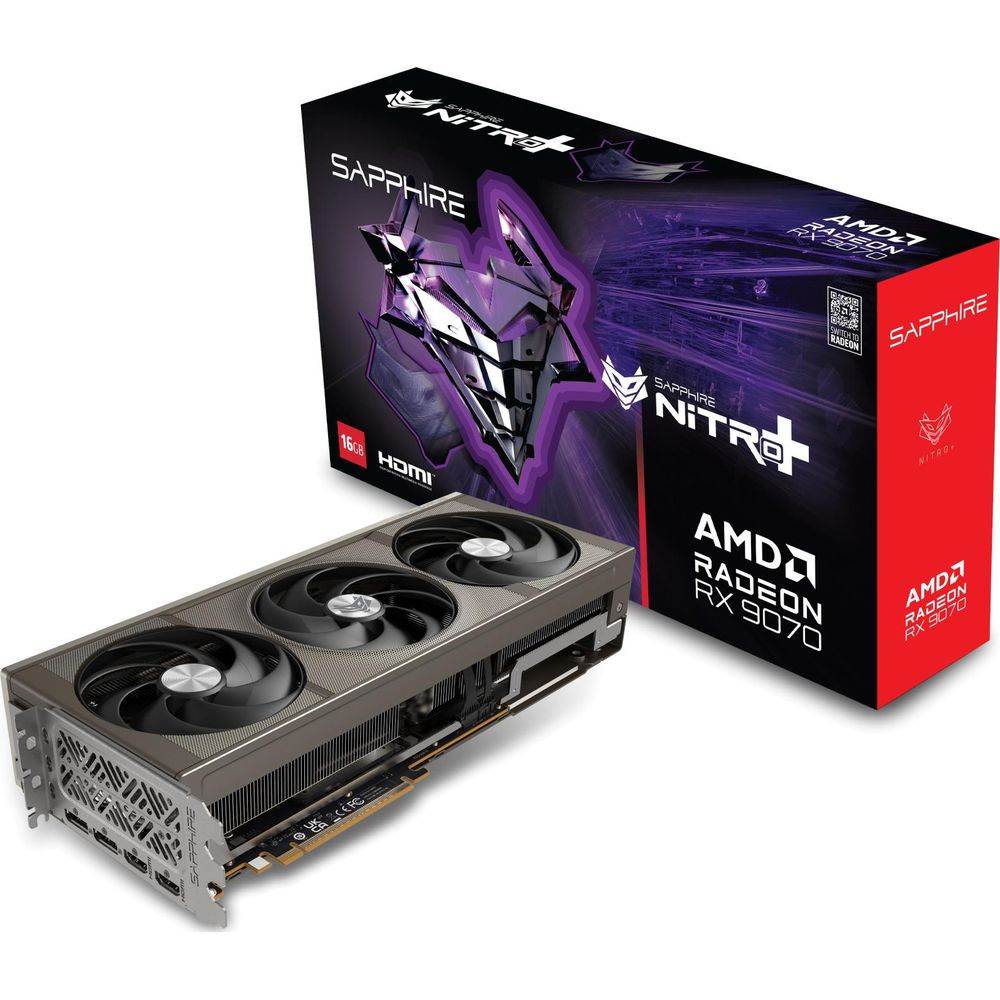 Karta graficzna Sapphire Nitro+ AMD Radeon RX 9070 obok pudełka.