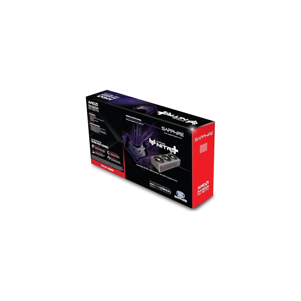 Pudełko karty graficznej Sapphire Nitro+ AMD Radeon RX 6970. Czerwono-czarno-fioletowe.