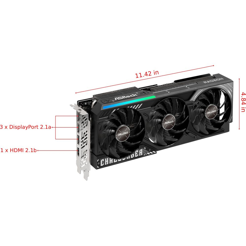 Karta graficzna z trzema wentylatorami, logo ASRock i oznaczeniem Radeon.