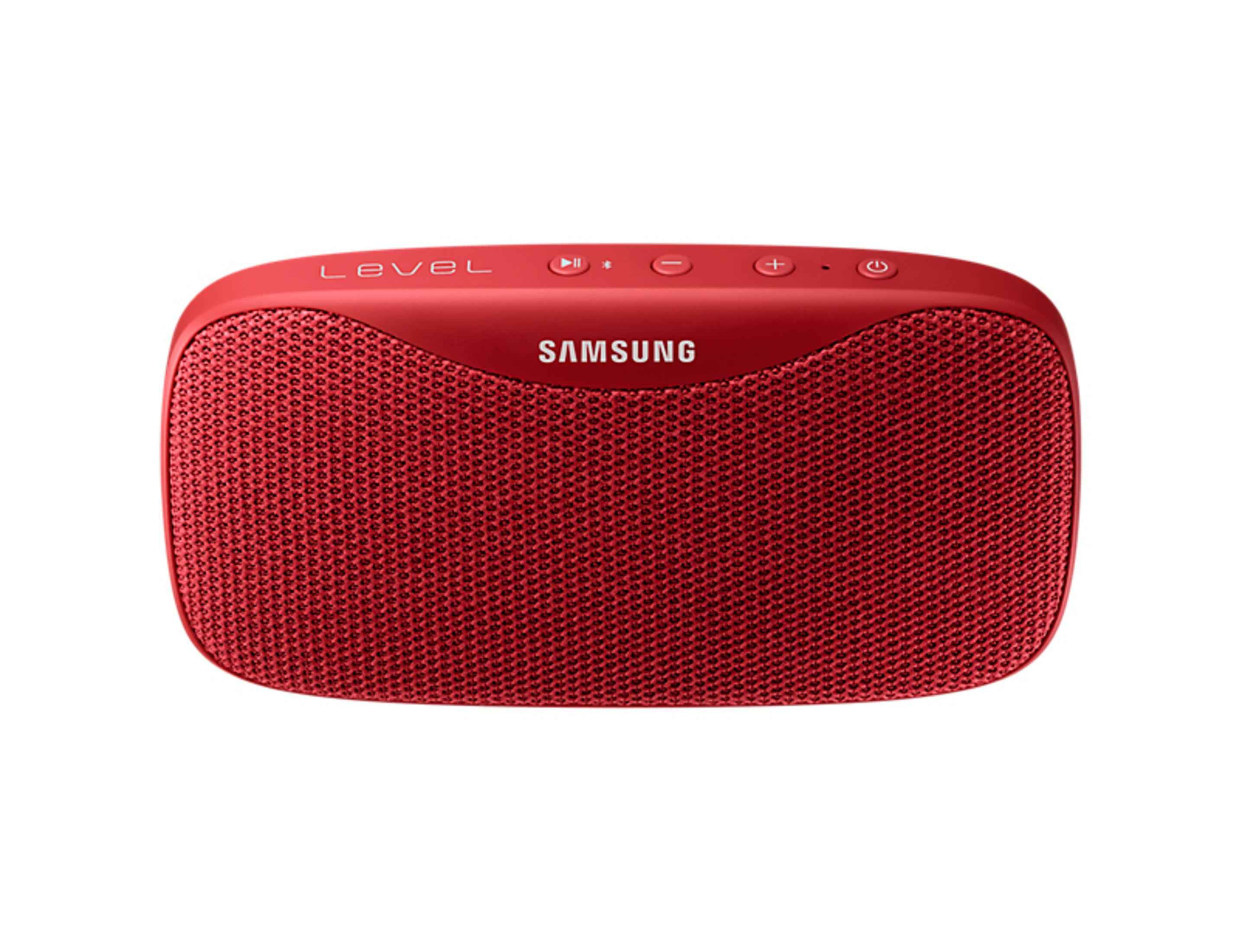 Altavoz Samsung Level rojo con botones de control y rejilla de altavoz.