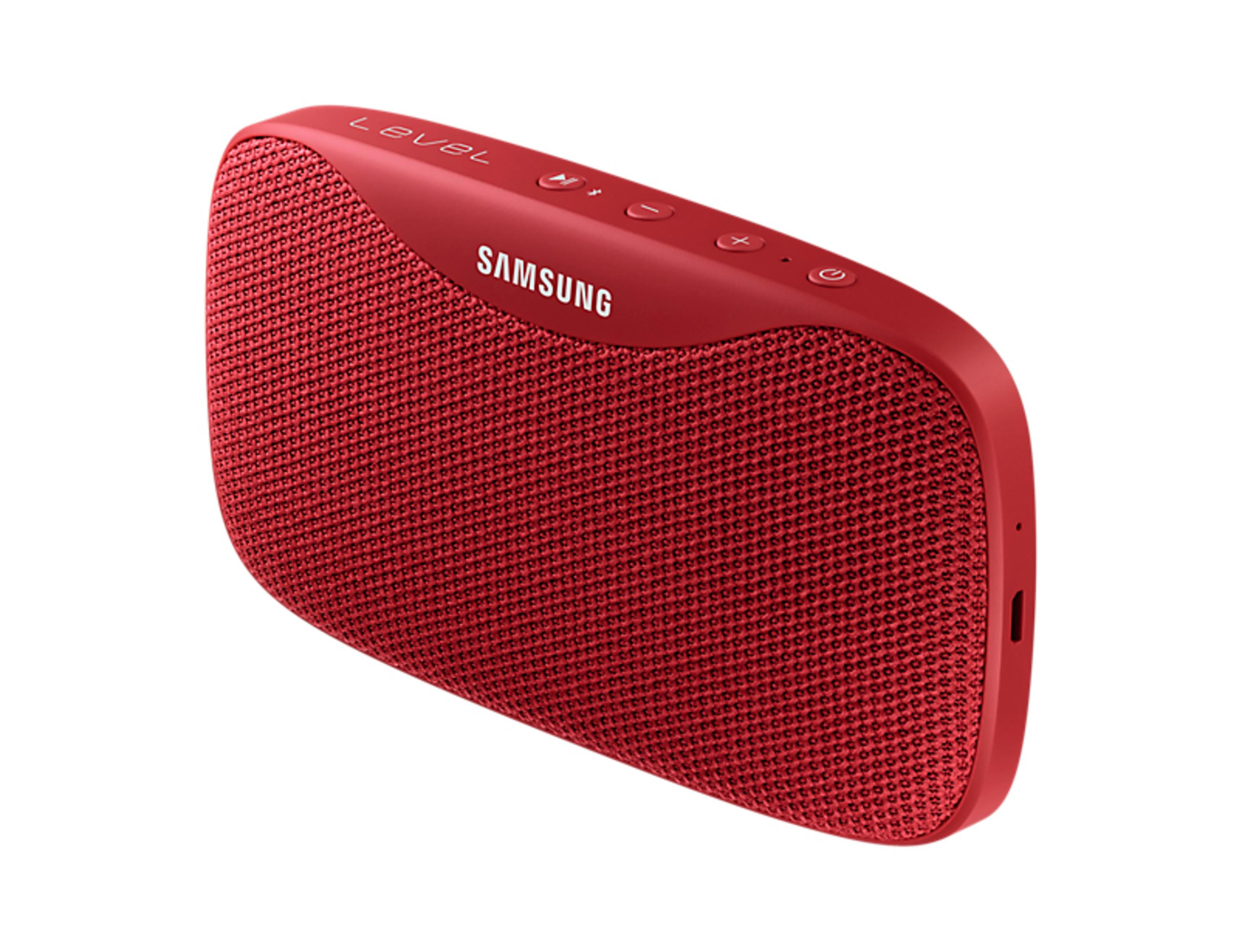 Altavoz Bluetooth Samsung Level rojo con controles y patrón de malla.