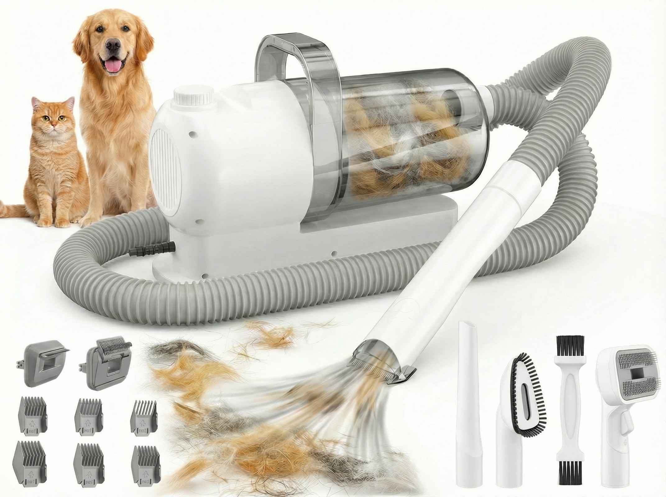 Ein Staubsauger für Haustiere mit Zubehör, einem Hund und einer Katze.