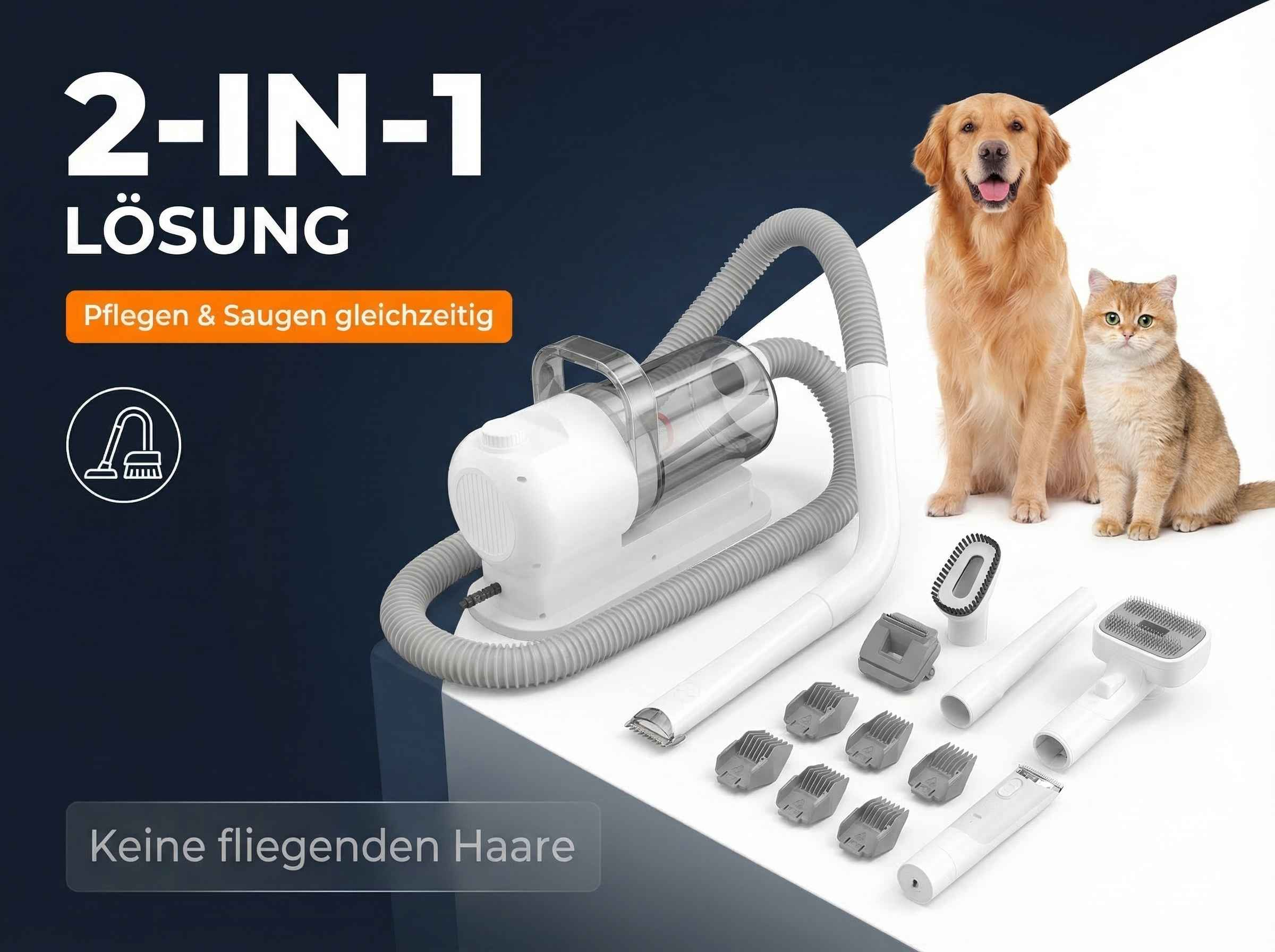 2-in-1 Haustierpflegegerät mit Hund, Katze und Zubehör.