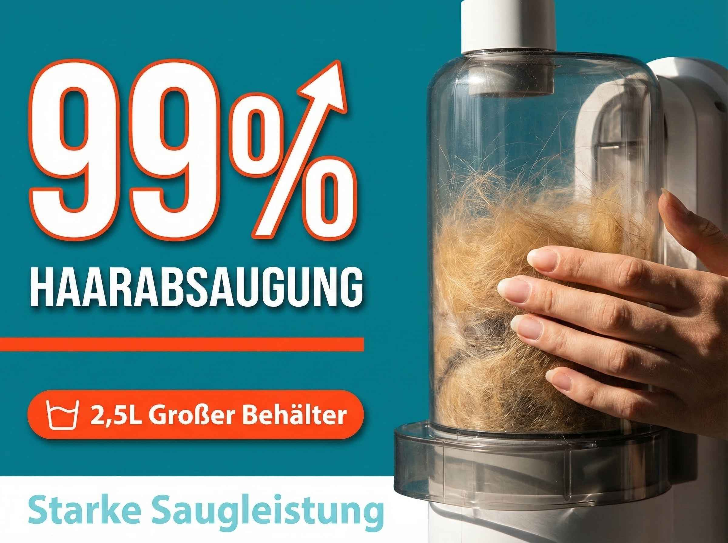 99% Haarabau, 2,5L Behälter, starke Saugleistung.