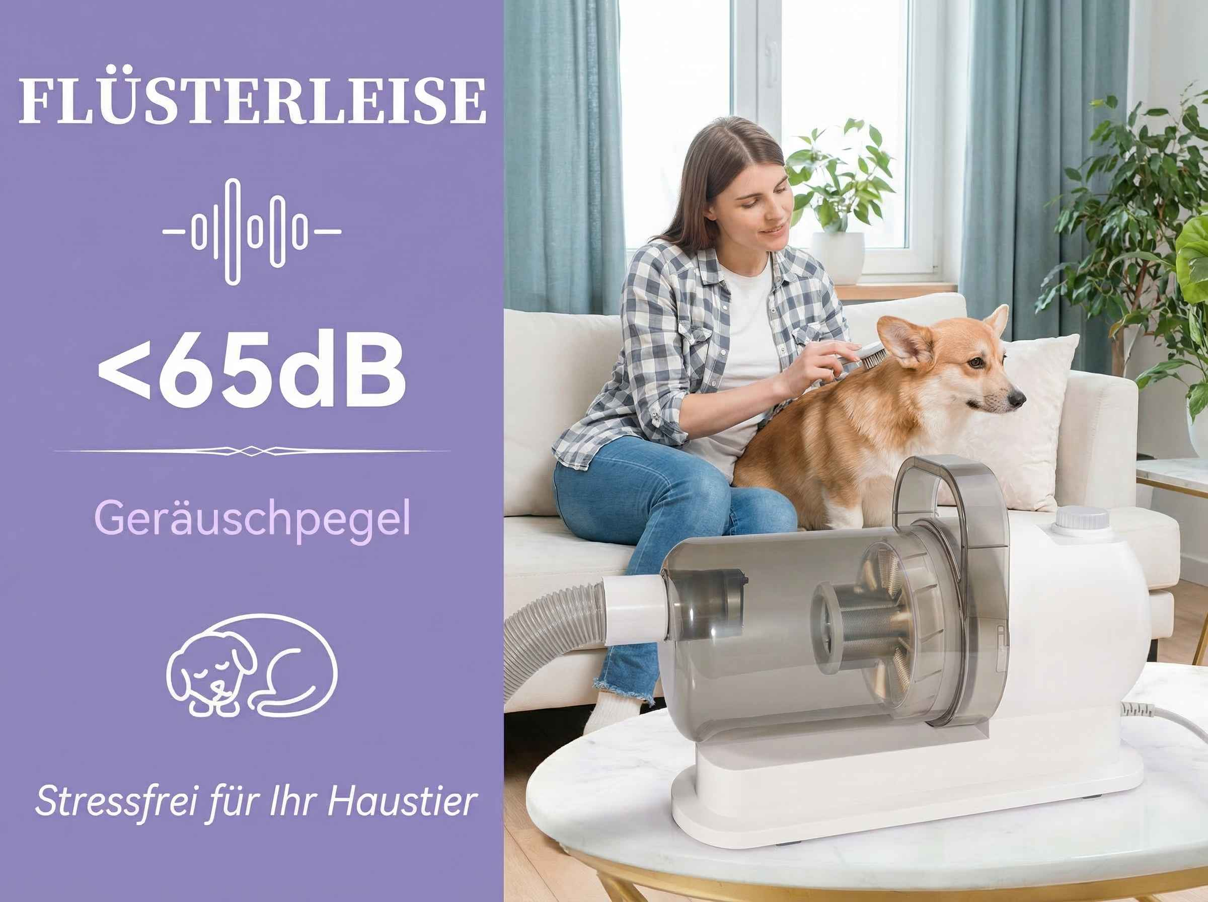 Frau bürstet Hund auf Sofa neben Staubsauger, leise <lt/>65dB.