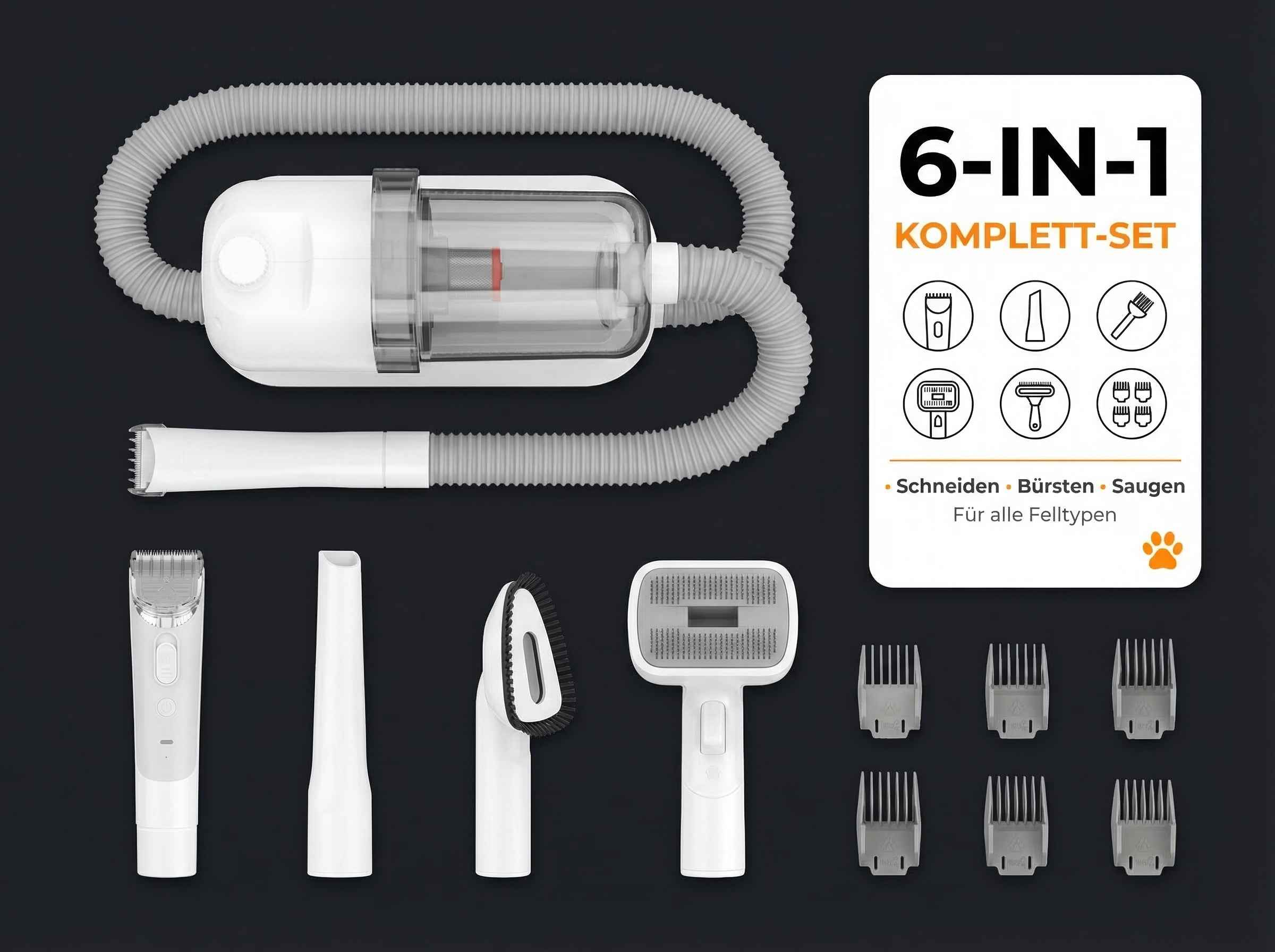 Ein weißes 6-in-1 Haustierpflege-Set mit Trimmer, Bürsten und Saugaufsätzen.