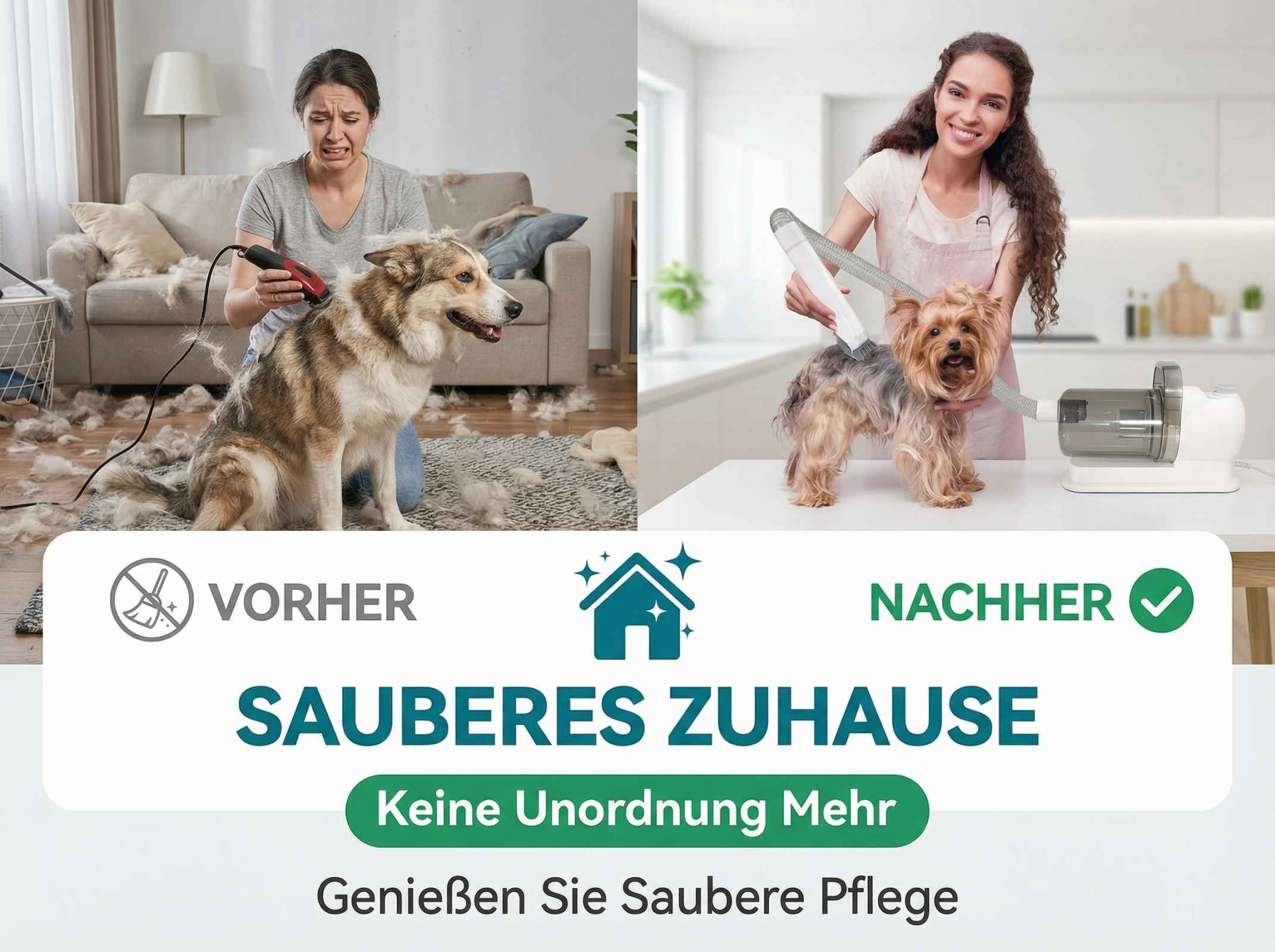 Vorher: Hund wird geschoren, viel Fell. Nachher: Hund wird gebürstet, sauber.