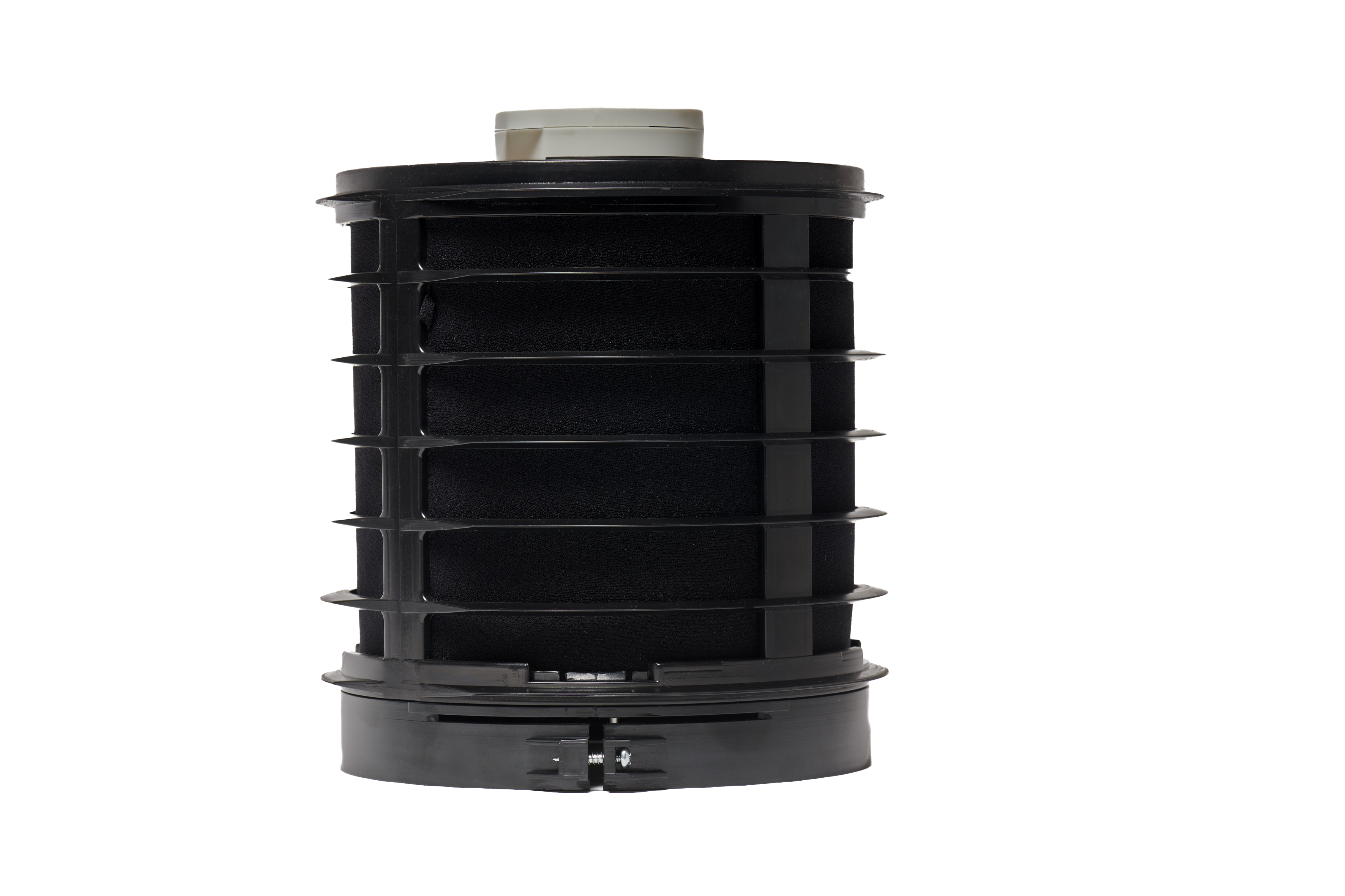 A black air filter with black foam and a silver top.