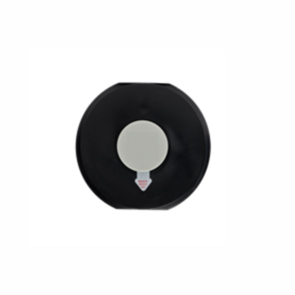 Black round container with a light gray circular center and a red arrow sticker.