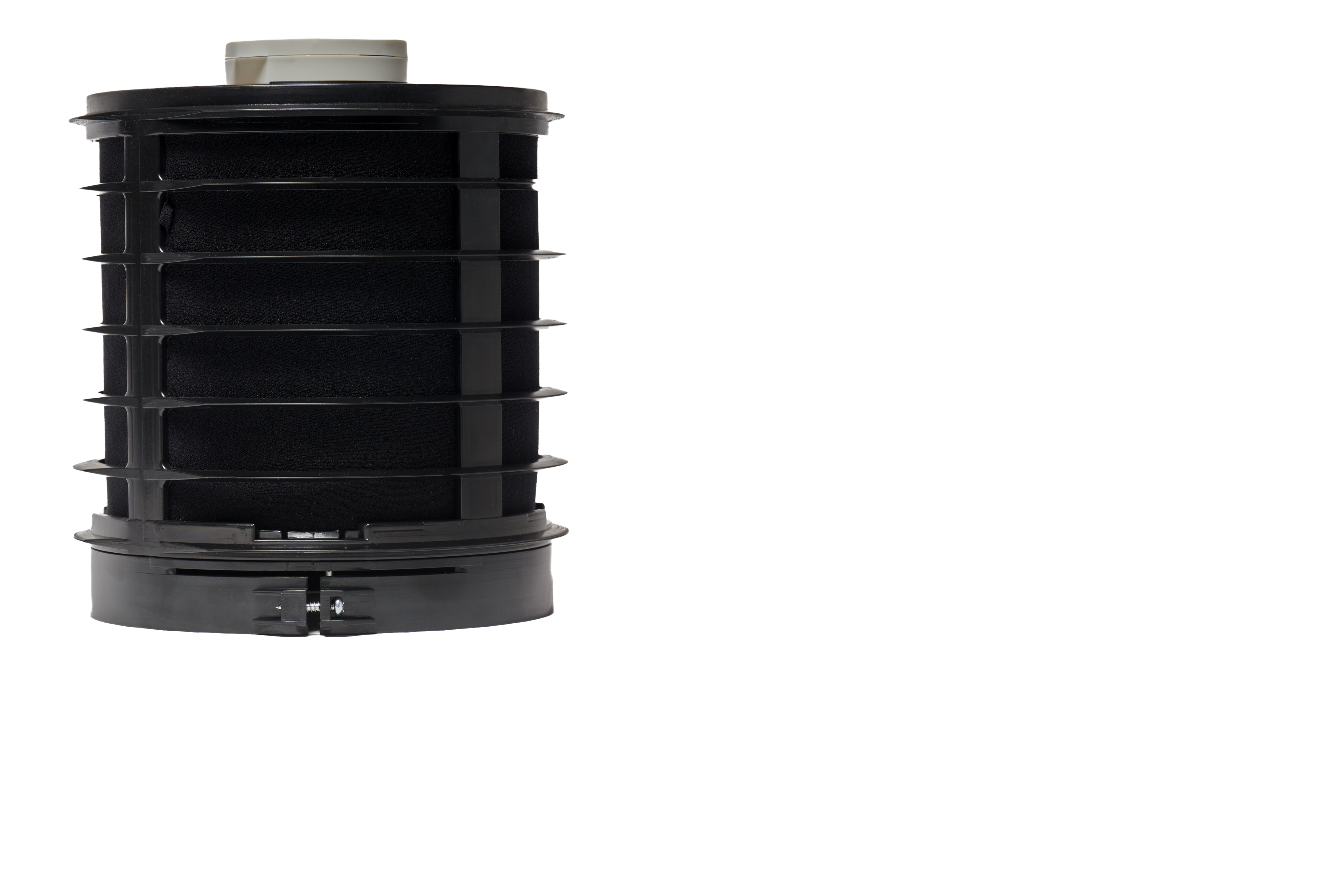 A black air filter cylinder with black fins and a white cap.