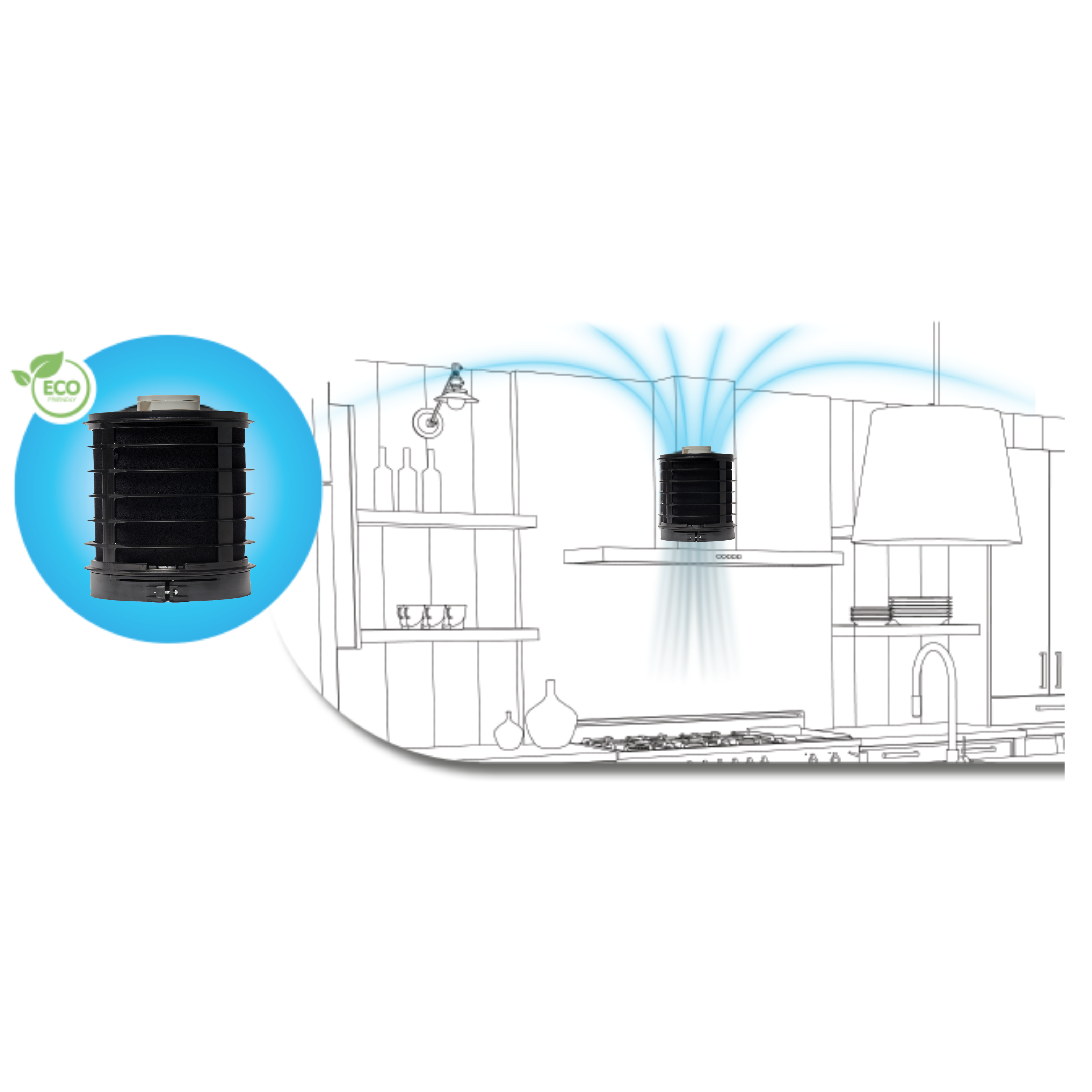 Black fan with eco label in a kitchen sketch.