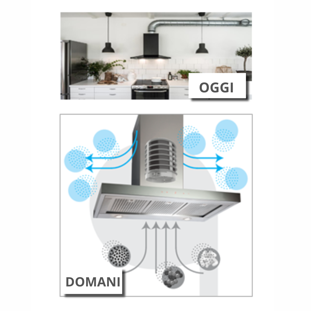 Modern kitchen with extractor hood; diagram below shows air purification.