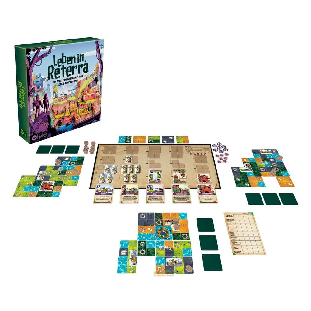 Brettspiel "Leben in Reterra" mit Spielbrett, Karten, Plättchen und Box.