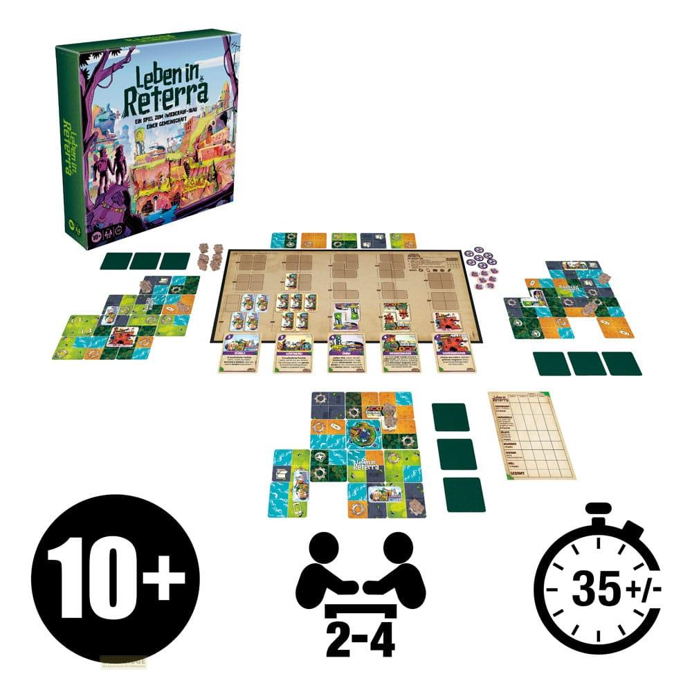 Brettspiel 'Leben in Reterrä' mit Spielbrett, Karten und Markern.