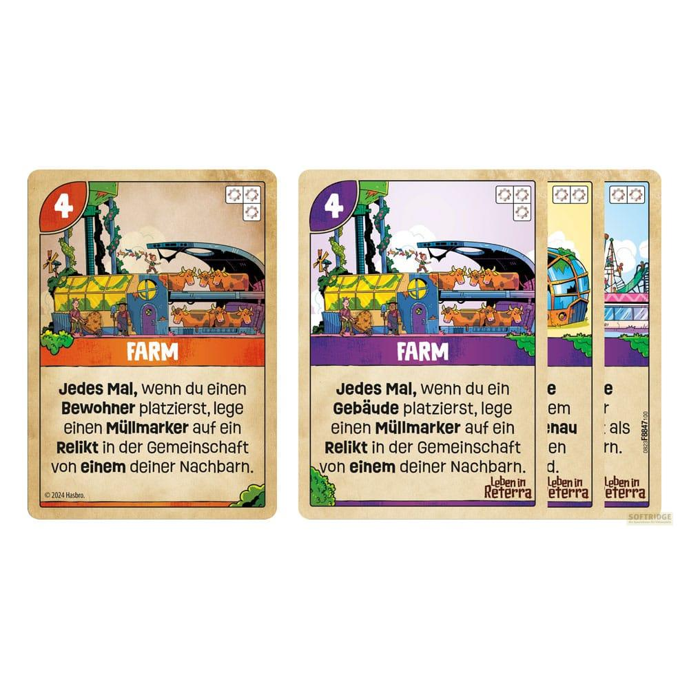 Spielkarten zeigen eine Farm mit Kühen, eine Zahl 4 und deutschen Text.