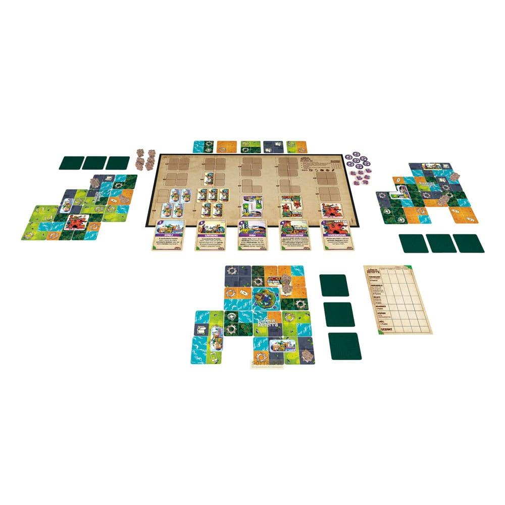 Brettspiel mit Karten, Spielfiguren und einem Spielbrett.
