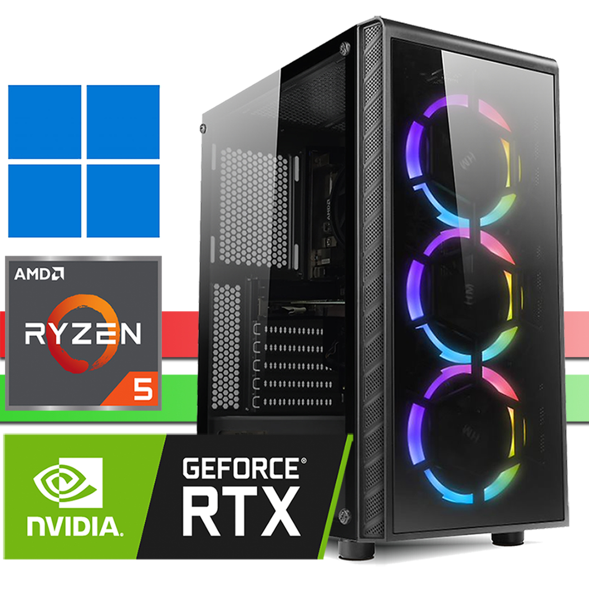 Ein Gaming-PC mit RGB-Lüftern, AMD Ryzen 5 und Nvidia RTX-Logo.