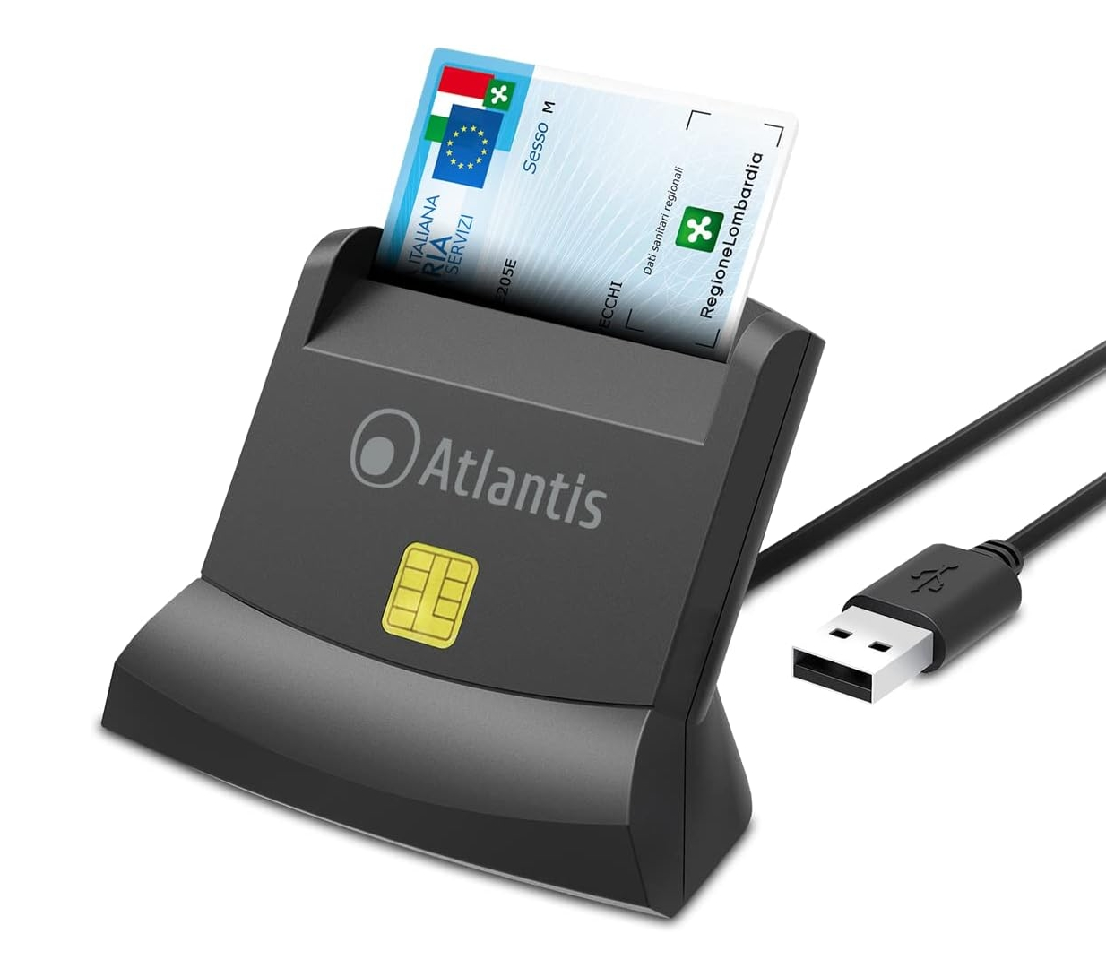 Un lettore di smart card nero con logo Atlantis e chip. Una carta italiana è parzialmente inserita.