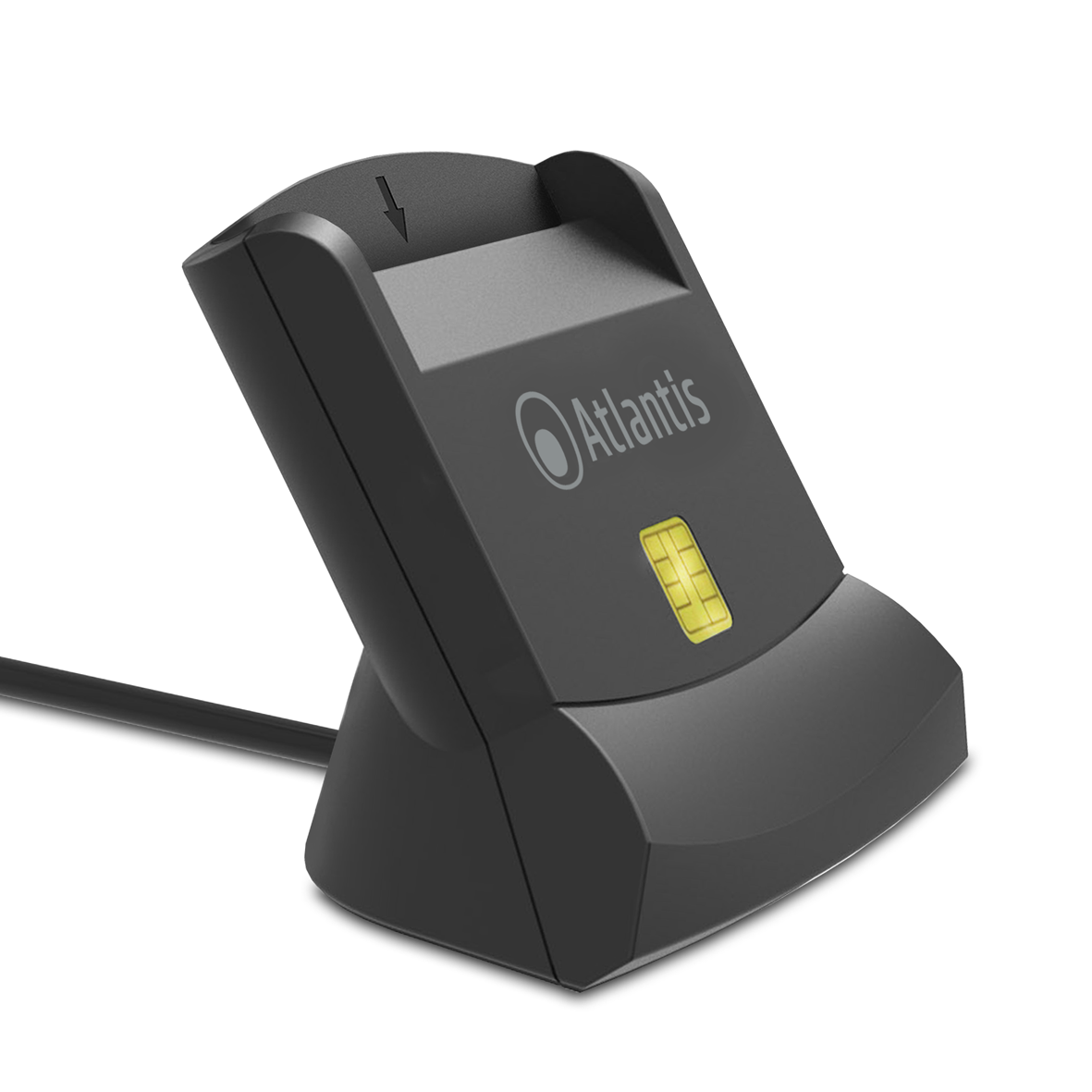 Lettore di carte nero con logo Atlantis e slot per chip.