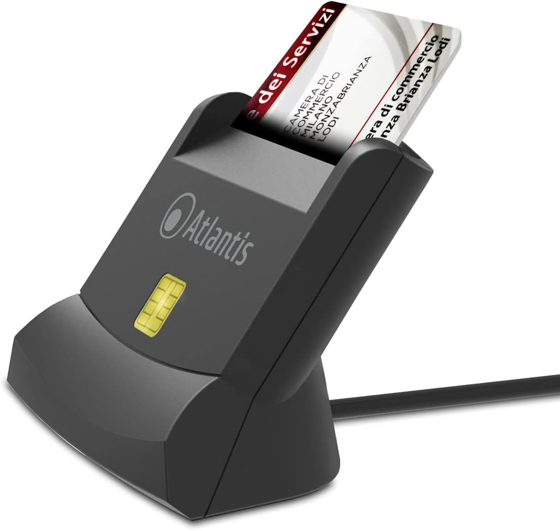 Un lettore di carte nero con logo Atlantis e una carta inserita.