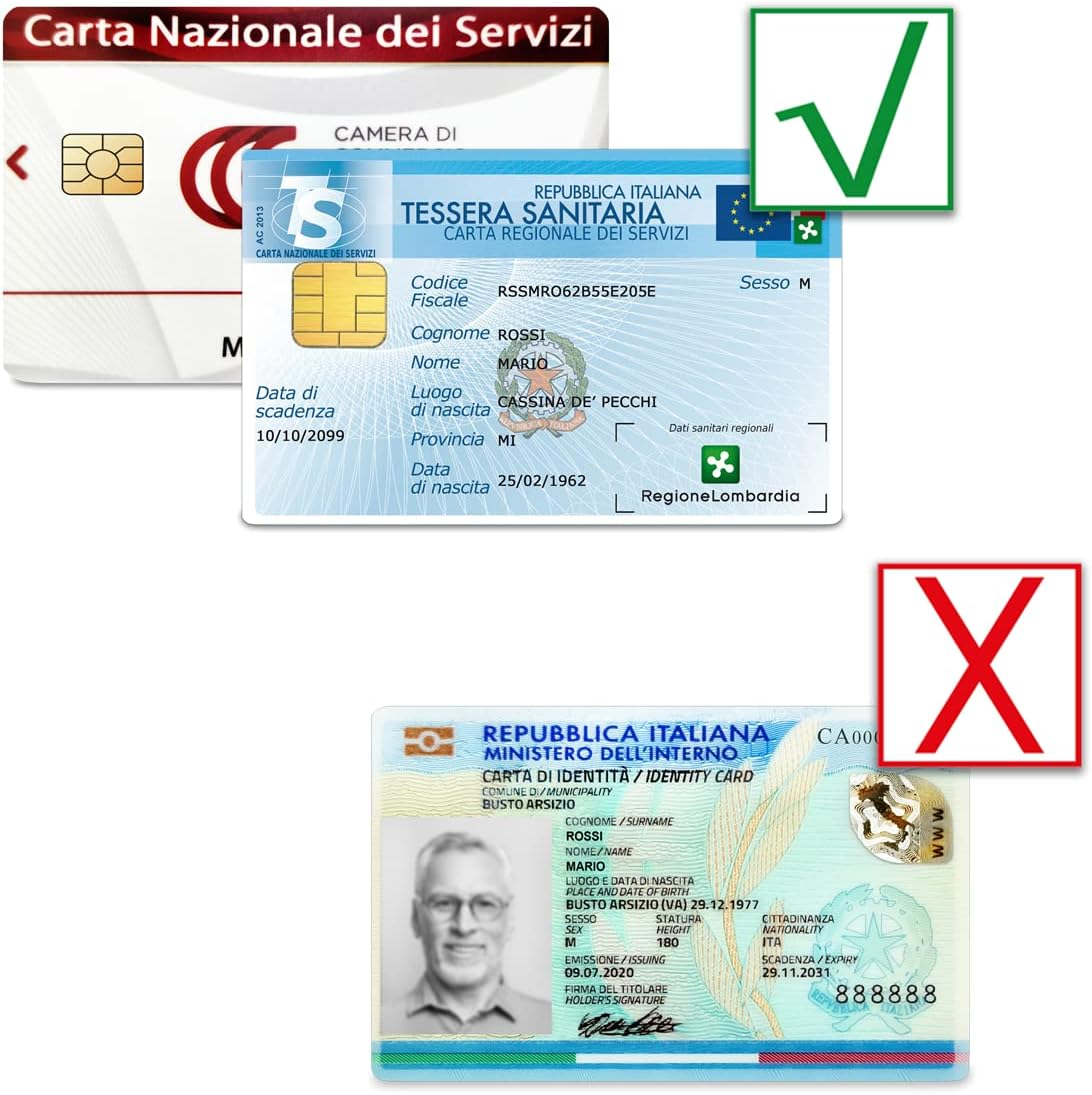 Tessera sanitaria e carta d'identità italiane con segni di spunta.