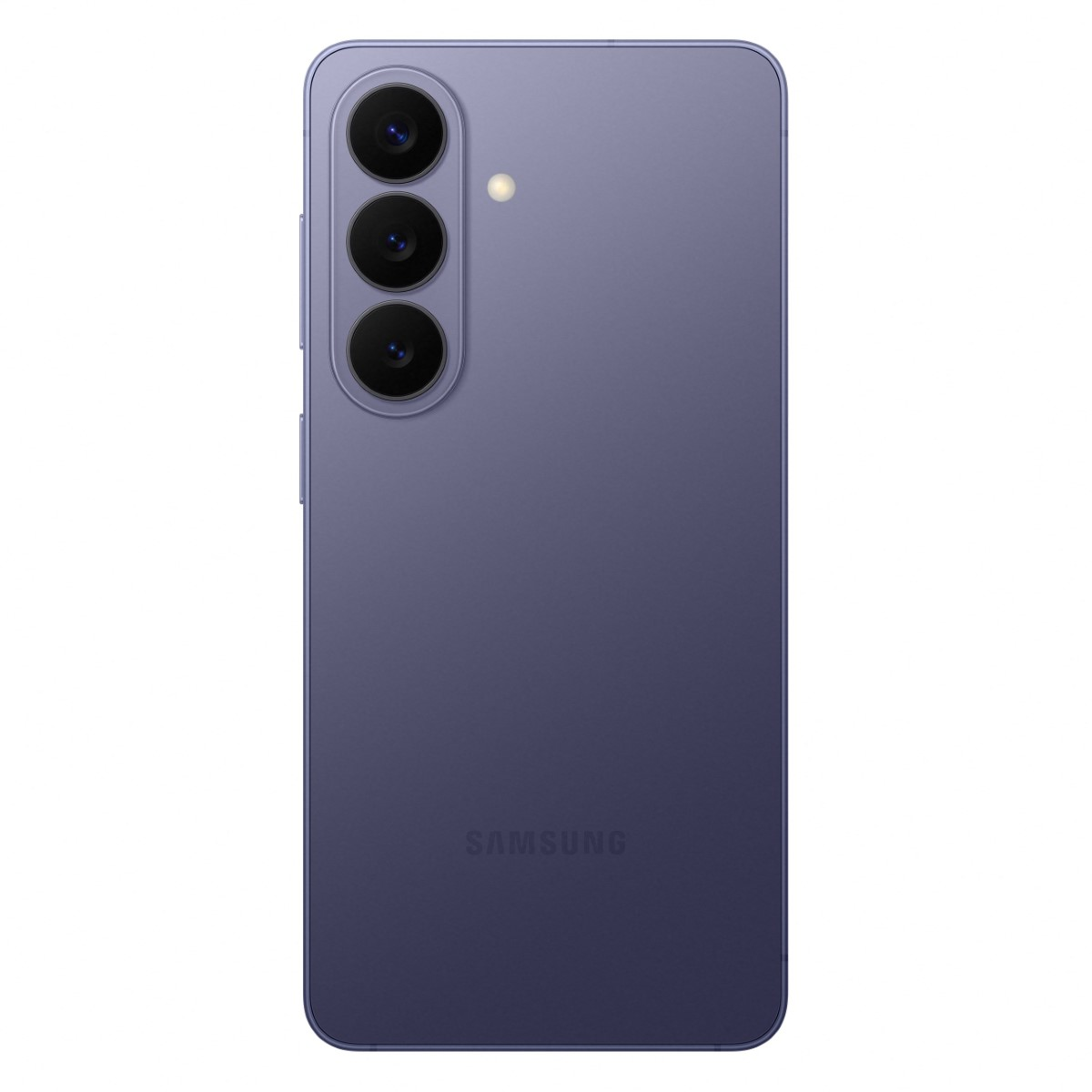 Fioletowy smartfon Samsung z trzema aparatami i lampą błyskową z tyłu.