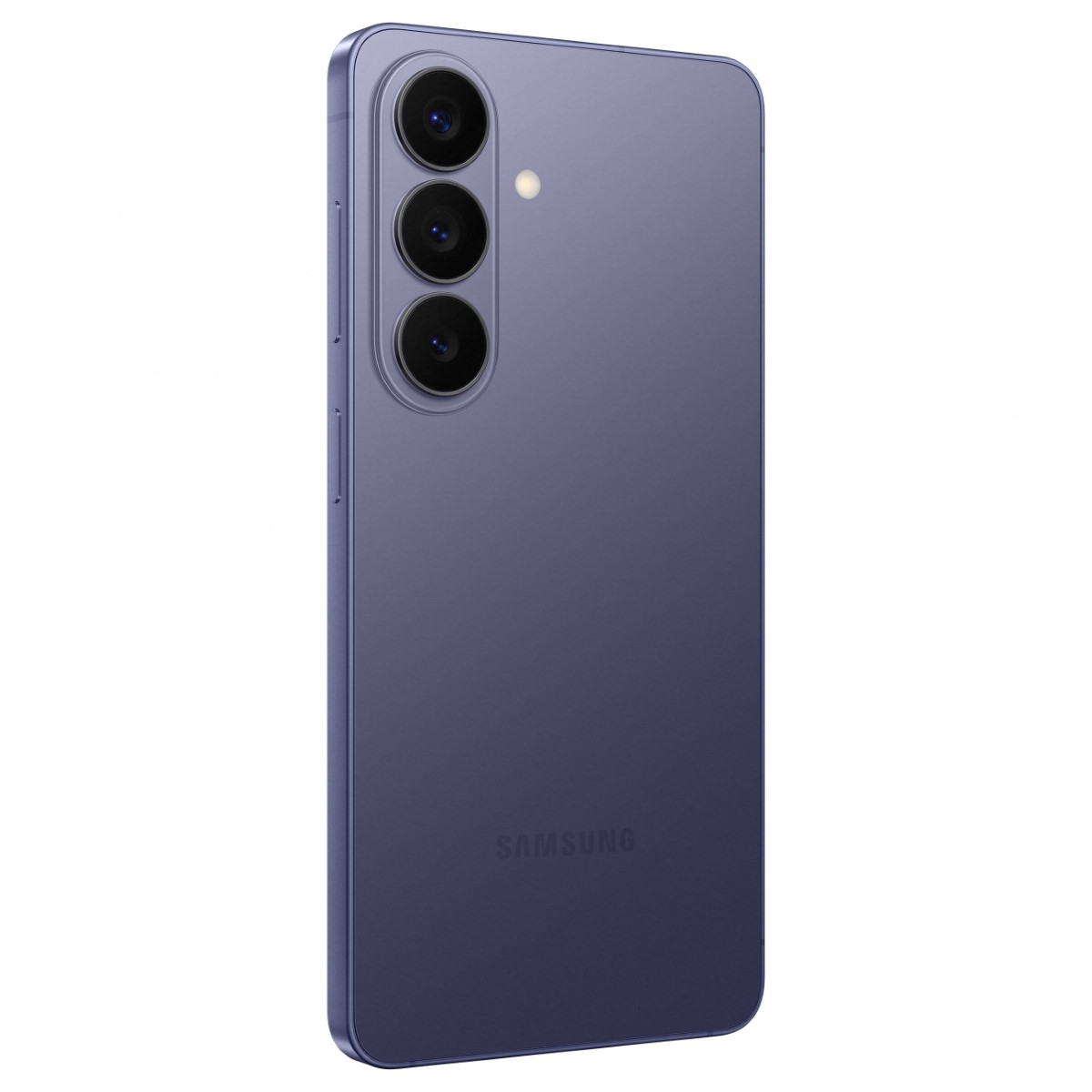 Fioletowy smartfon Samsung z trzema tylnymi aparatami.