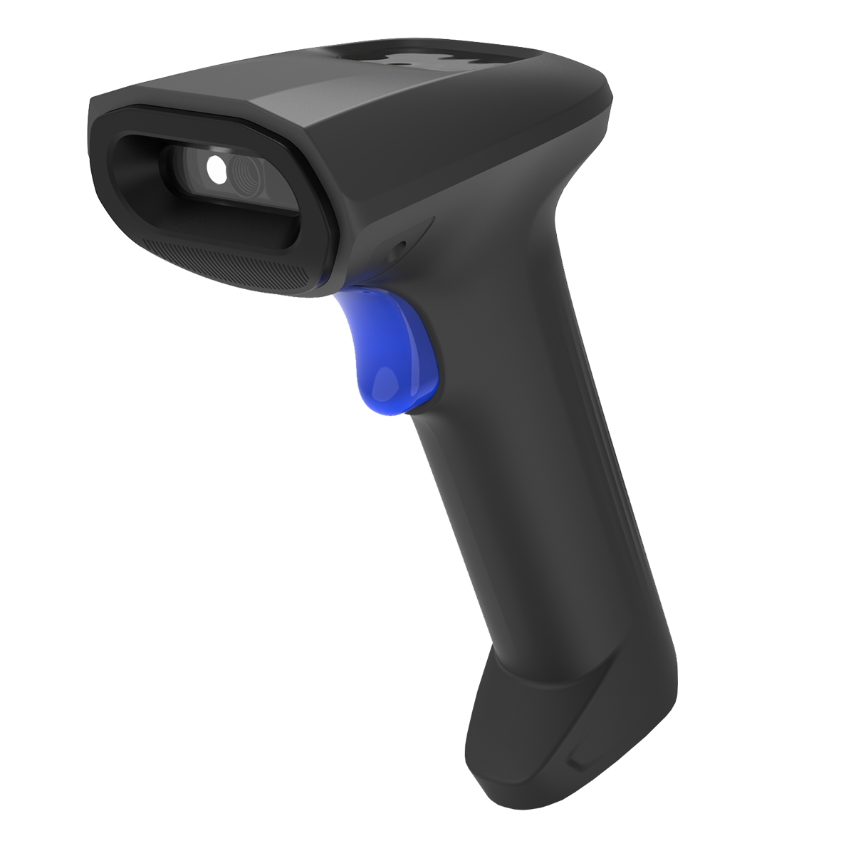 Uno scanner di codici a barre nero con grilletto blu su sfondo bianco.