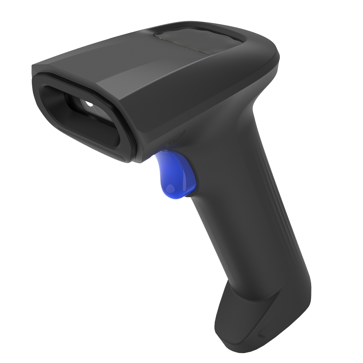 Uno scanner di codici a barre nero con grilletto blu, isolato su sfondo bianco.