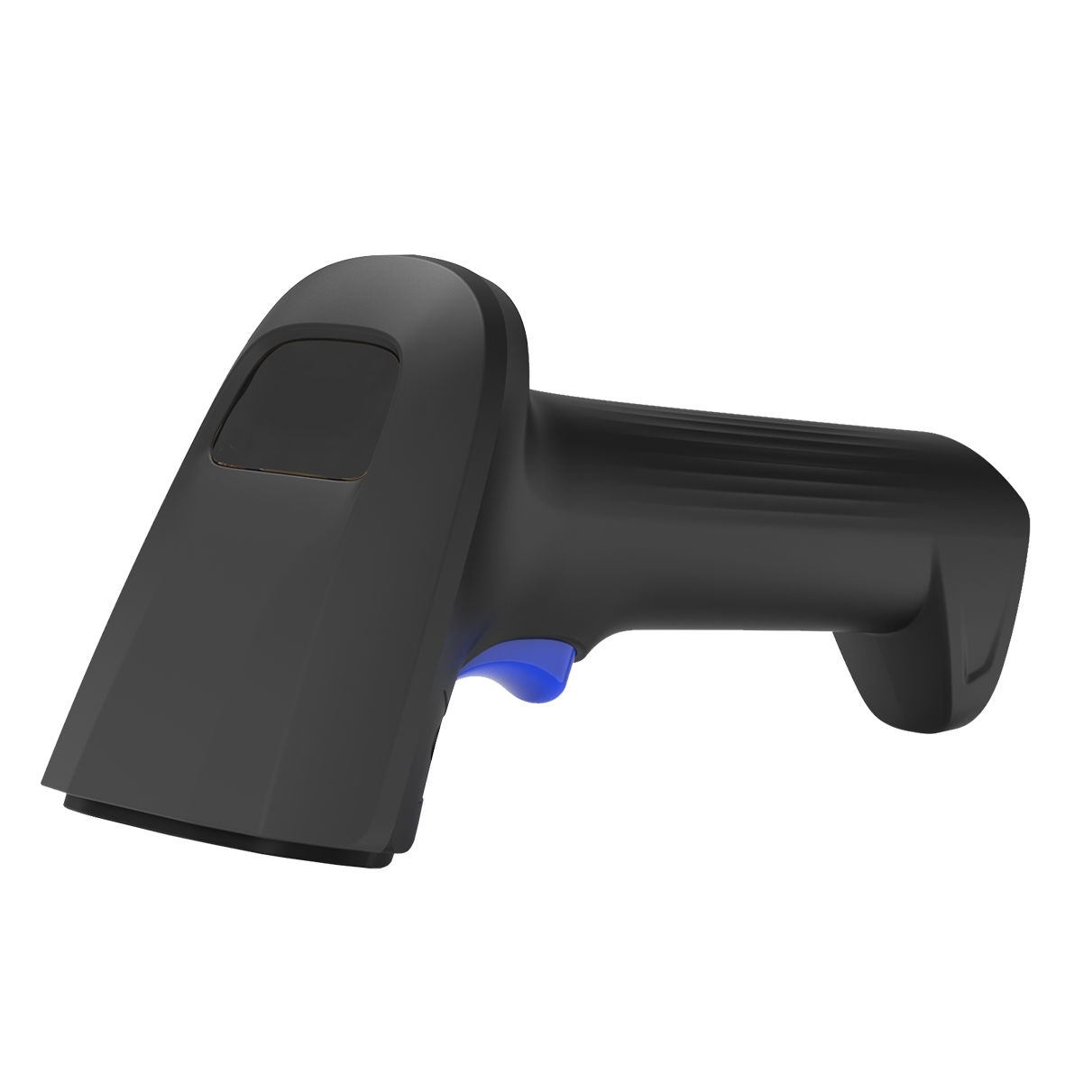 Scanner di codici a barre nero con grilletto blu su sfondo bianco.
