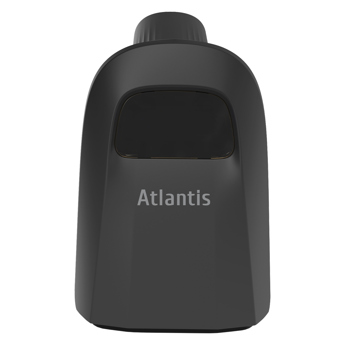 Una bottiglia nera con testo 'Atlantis' e una finestra nera.