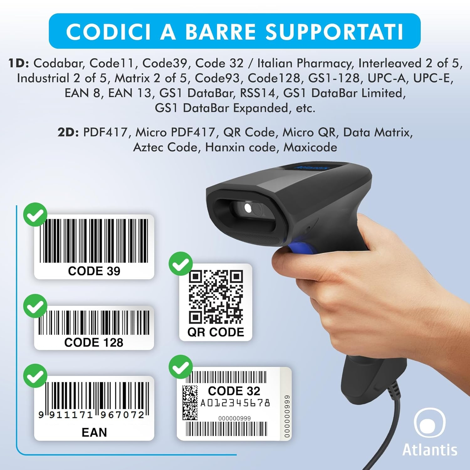 Una mano tiene uno scanner di codici a barre che legge vari codici.
