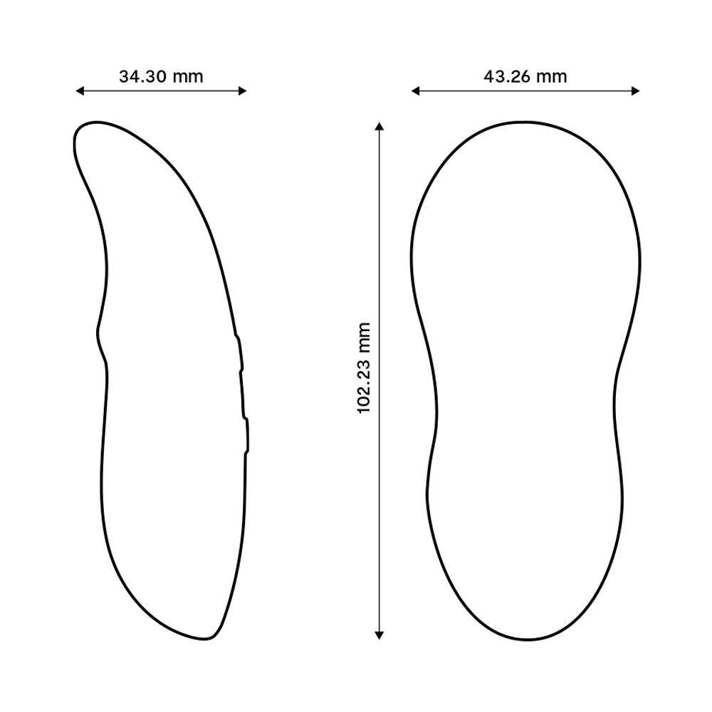 Dwa zarysy z wymiarami: szerokość 34,30 mm, szerokość 43,26 mm, długość 102,23 mm.