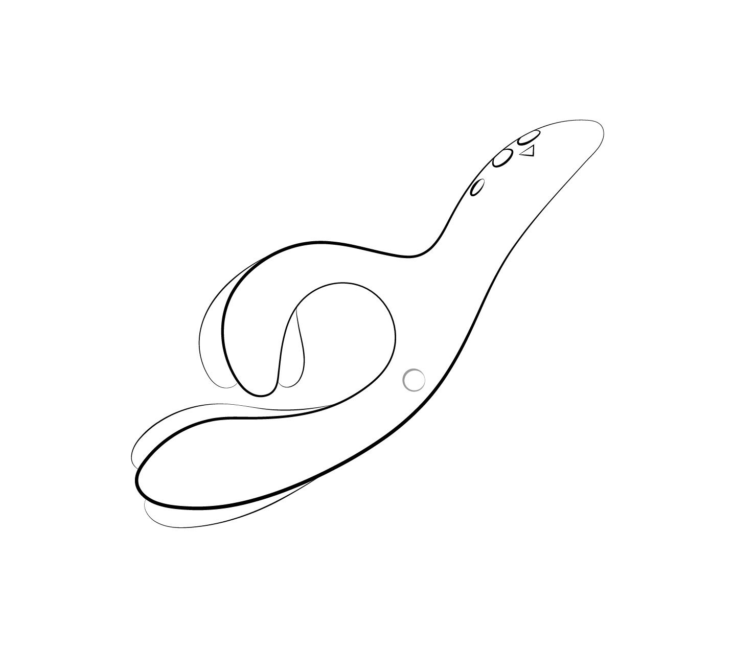 Biały, zakrzywiony kształt z przyciskami i trójkątem na górze.