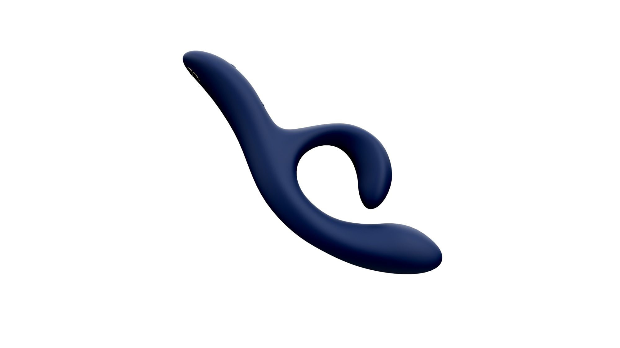 Ein dunkelblauer, ergonomisch geformter Vibrator auf weißem Hintergrund.