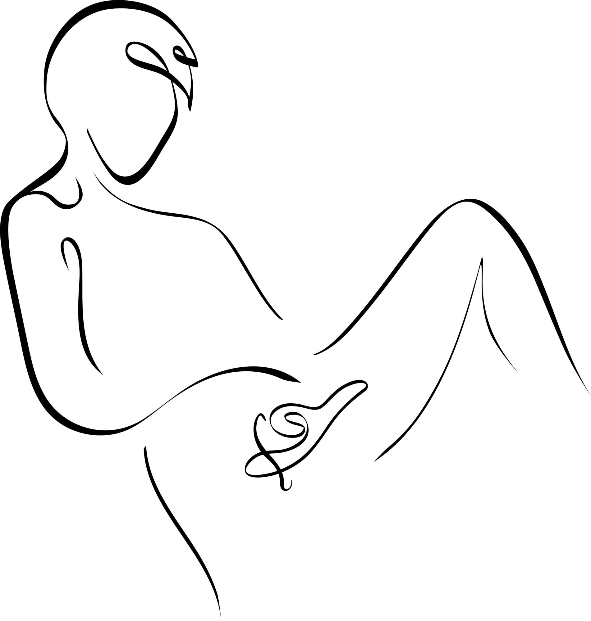 Eine schwarze Strichzeichnung einer liegenden Figur, die auf einer Hand ruht.