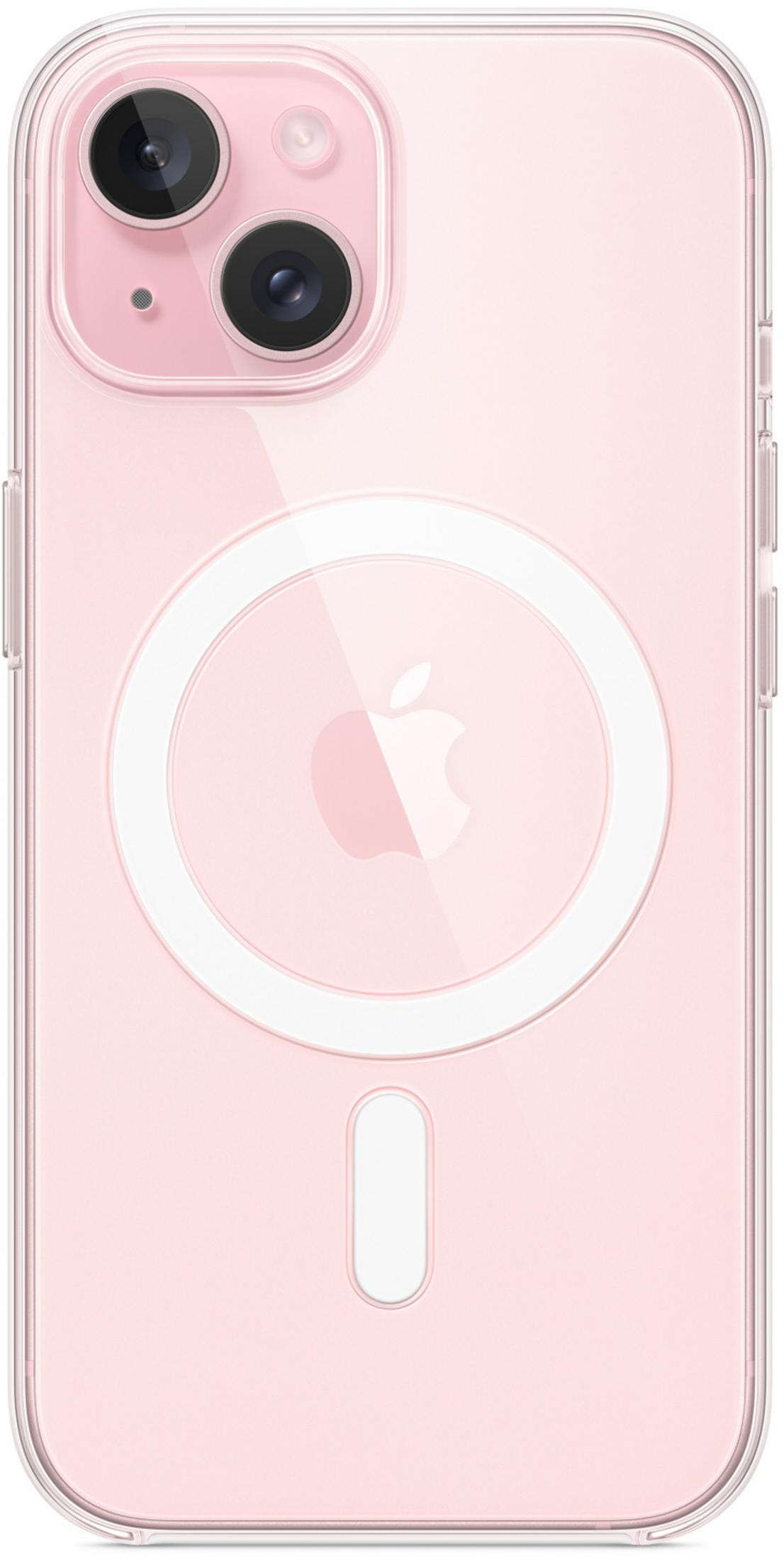 A clear pink iPhone case with MagSafe ring and Apple logo.