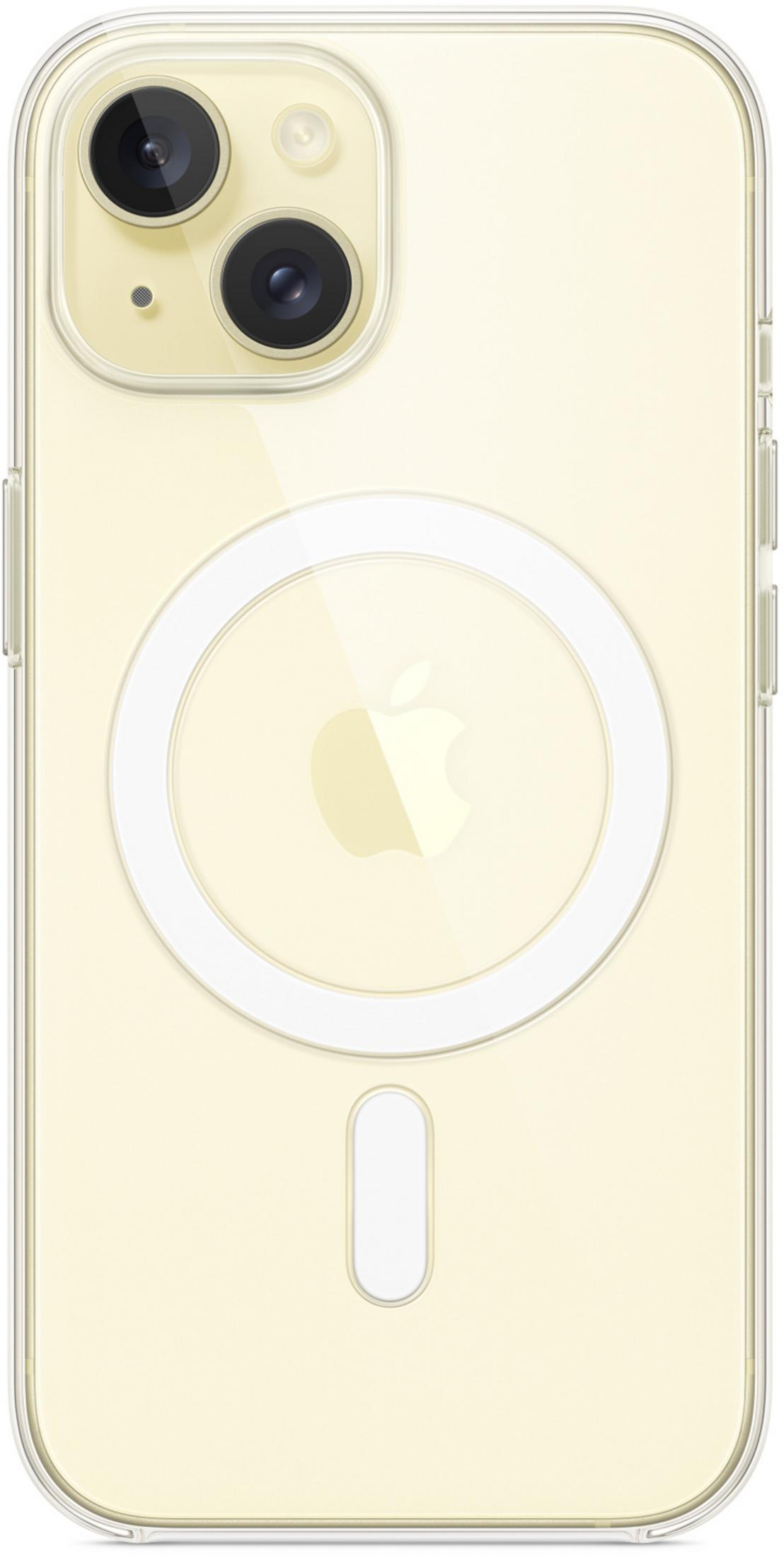 Back of a light yellow iPhone with MagSafe and dual camera.