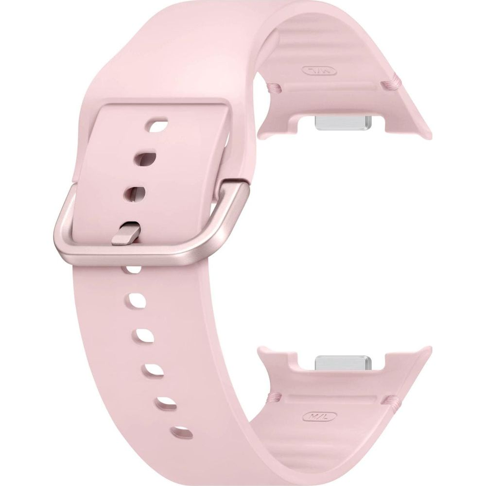 Jasnoróżowa silikonowa opaska na zegarek z srebrną klamrą i otworami do regulacji.